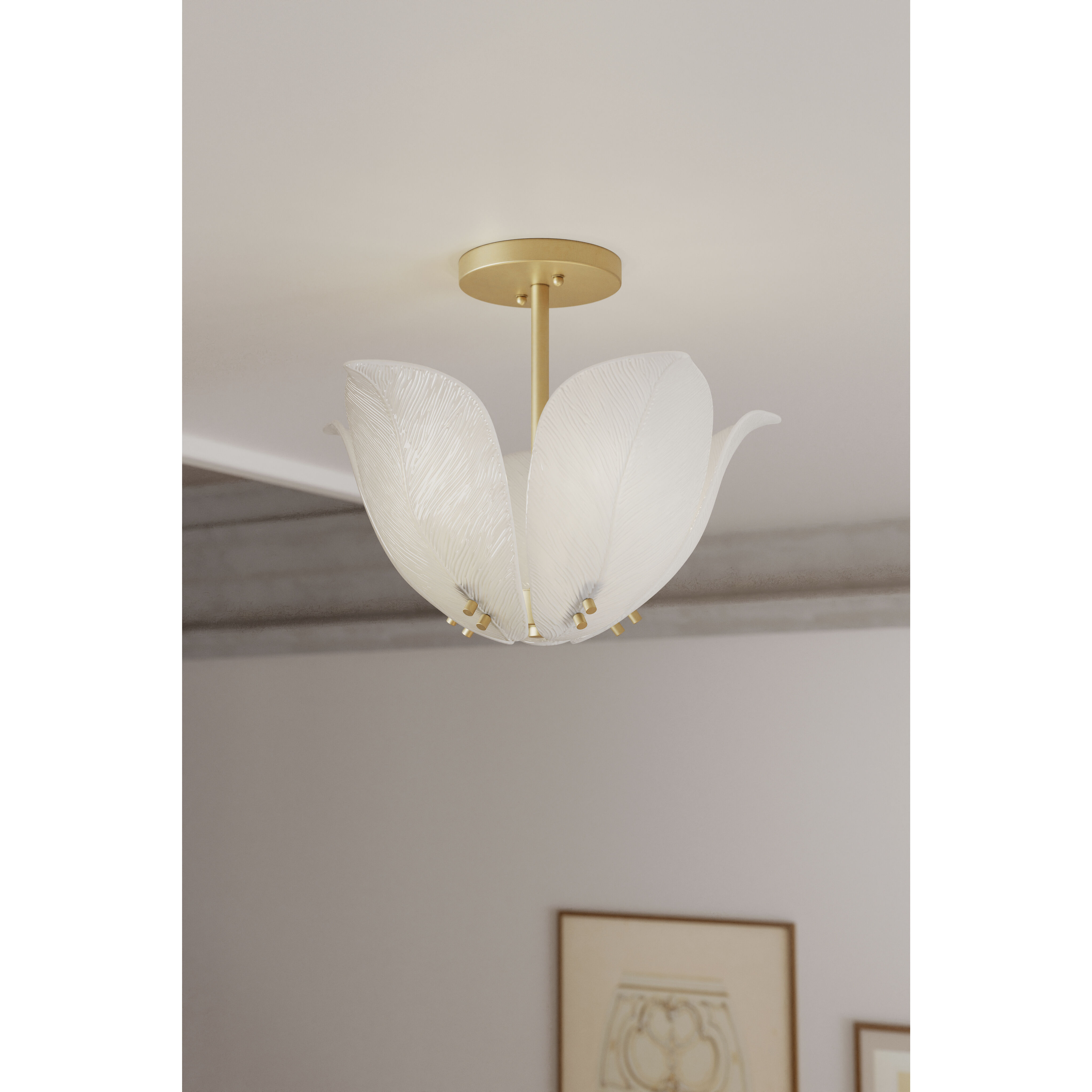 Orchid 5 Light 18 inch Legacy Brass Semi-Flush Mount Ceiling Light in White Handmade Glass