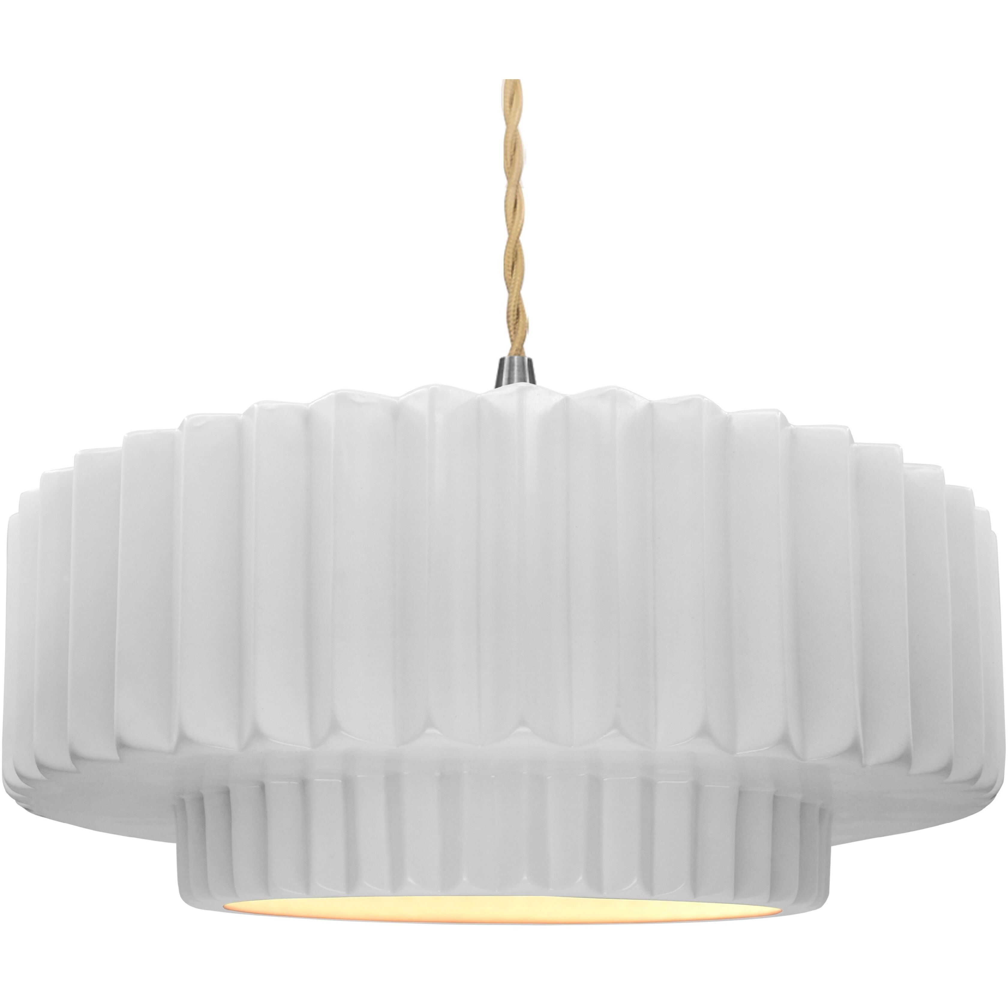 Radiance Collection - Pleated Tier Pendant Ceiling Light in Brushed Nickel, Dedicated LED, Beige Twist Cord, Gloss White (outside and inside of fixture), 16.25W x 6H, Form+Finish+Function