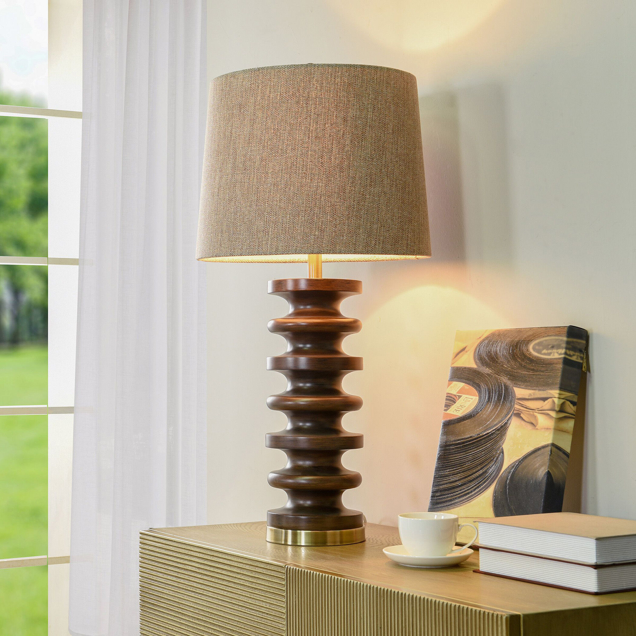 Walnut Ridge Table Lamp Fishbone Polyresin and Aged Brass Body Heathered Brown Shade