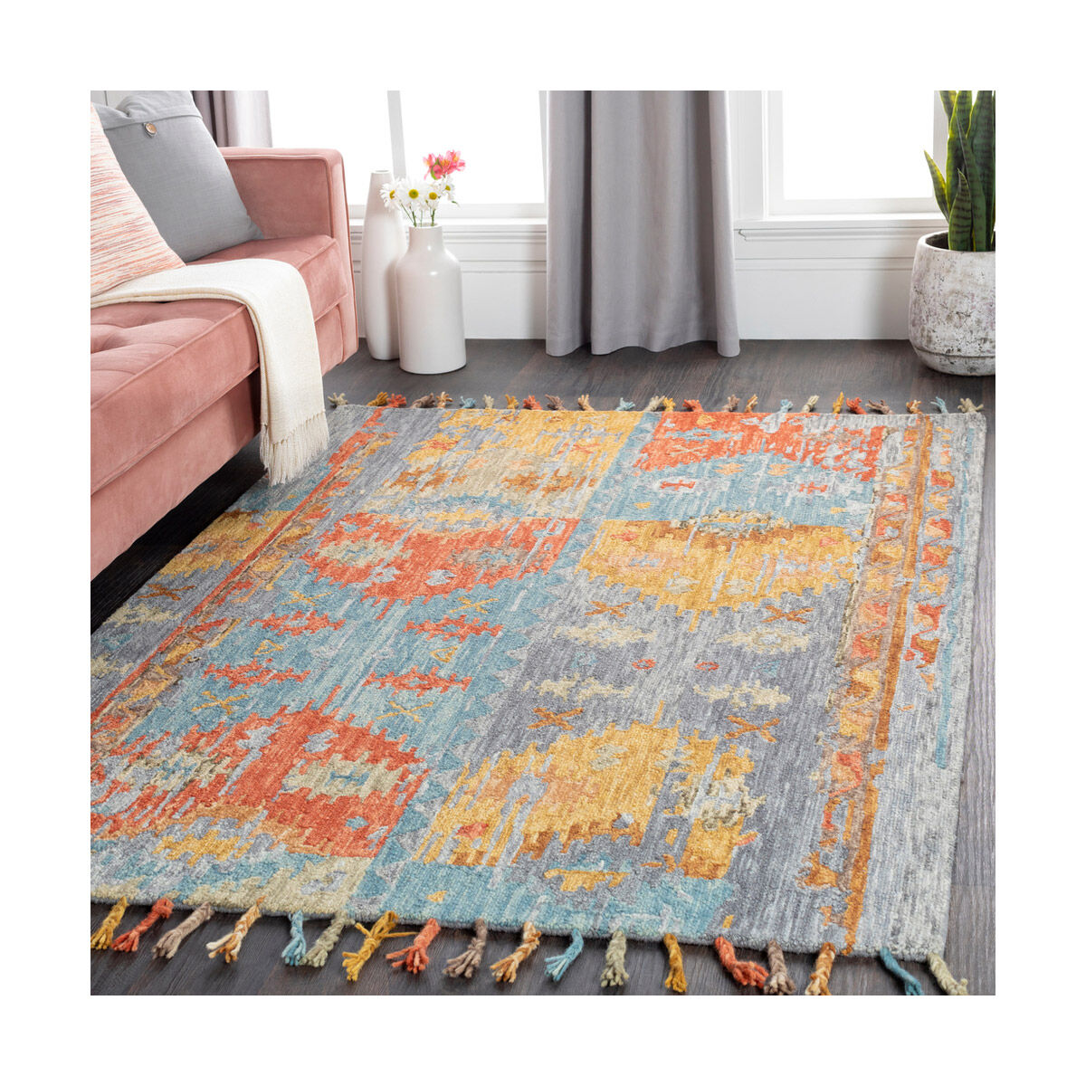 Bonifate 120 X 96 inch Rust/Medium Gray/Teal/Mustard/Light Olive/Camel Handmade Rug, Rectangle