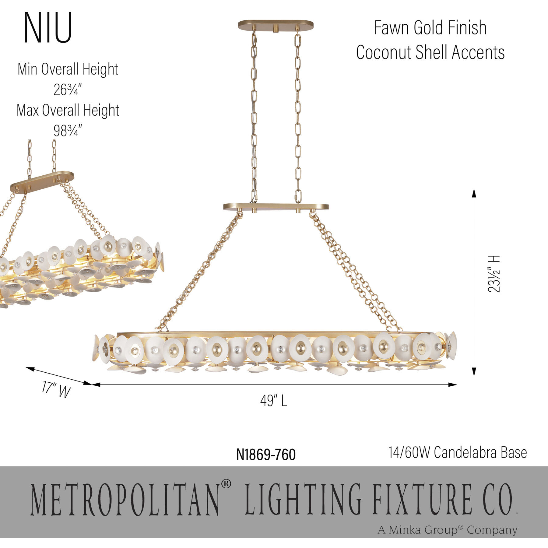 Niu 14 Light 49 inch Coconut Shell Gold / Coconut Shell White Island Light Ceiling Light