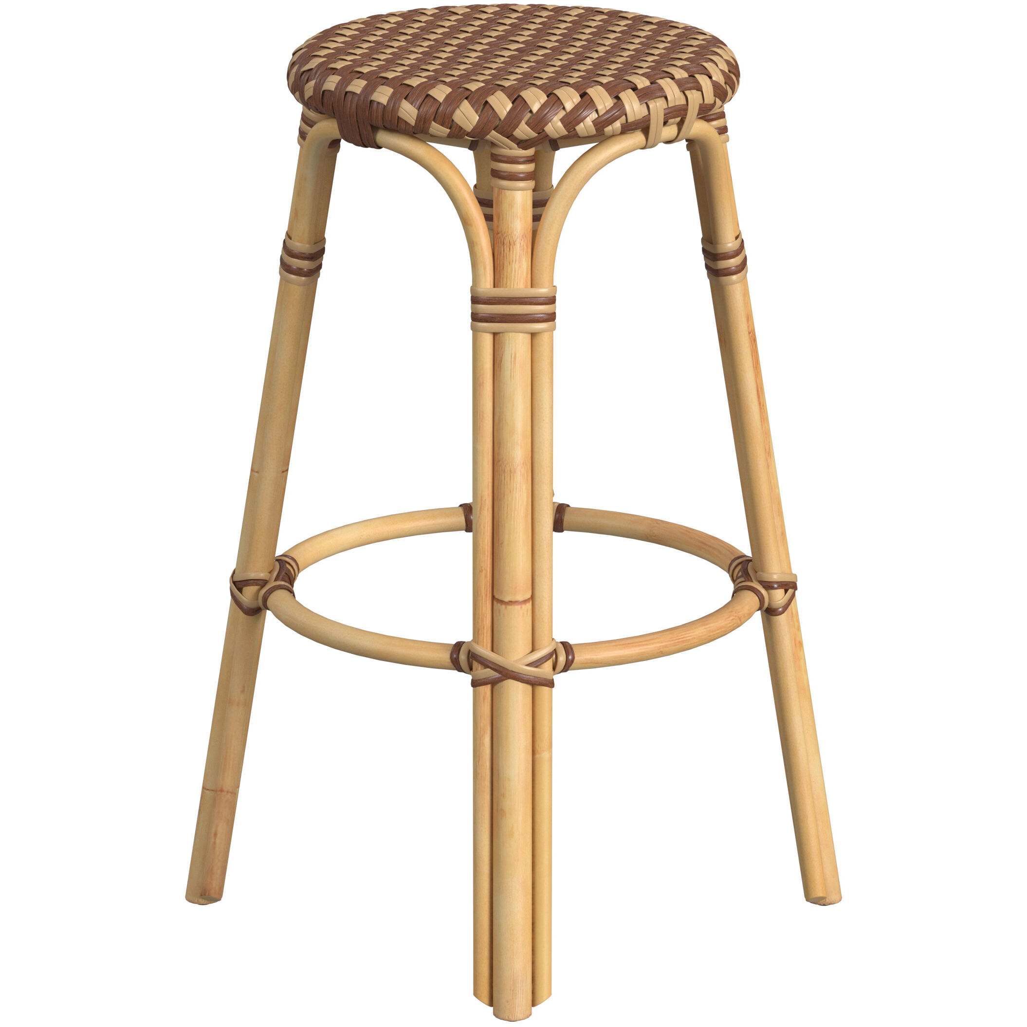 Tobias Round Rattan 30" Bar Stool in Brown and Tan Dot