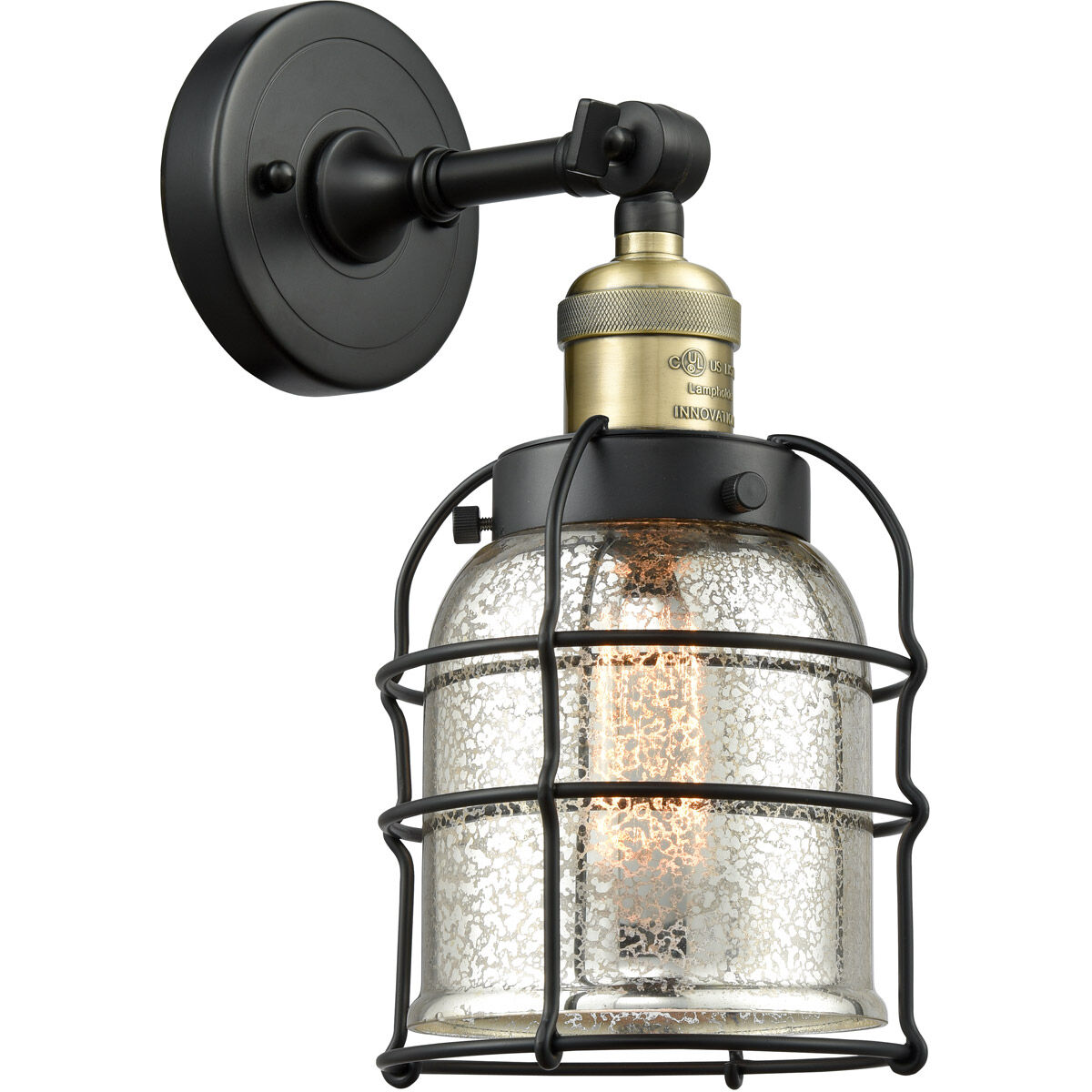 Franklin Restoration Small Bell Cage 1 Light 6 inch Black Antique Brass Sconce Wall Light in Silver Plated Mercury Glass, Franklin Restoration