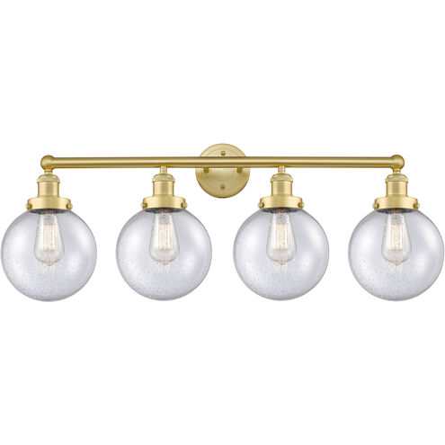 Beacon 4 Light 33.5 inch Satin Gold Bath Vanity Light Wall Light in Seedy Glass, Large