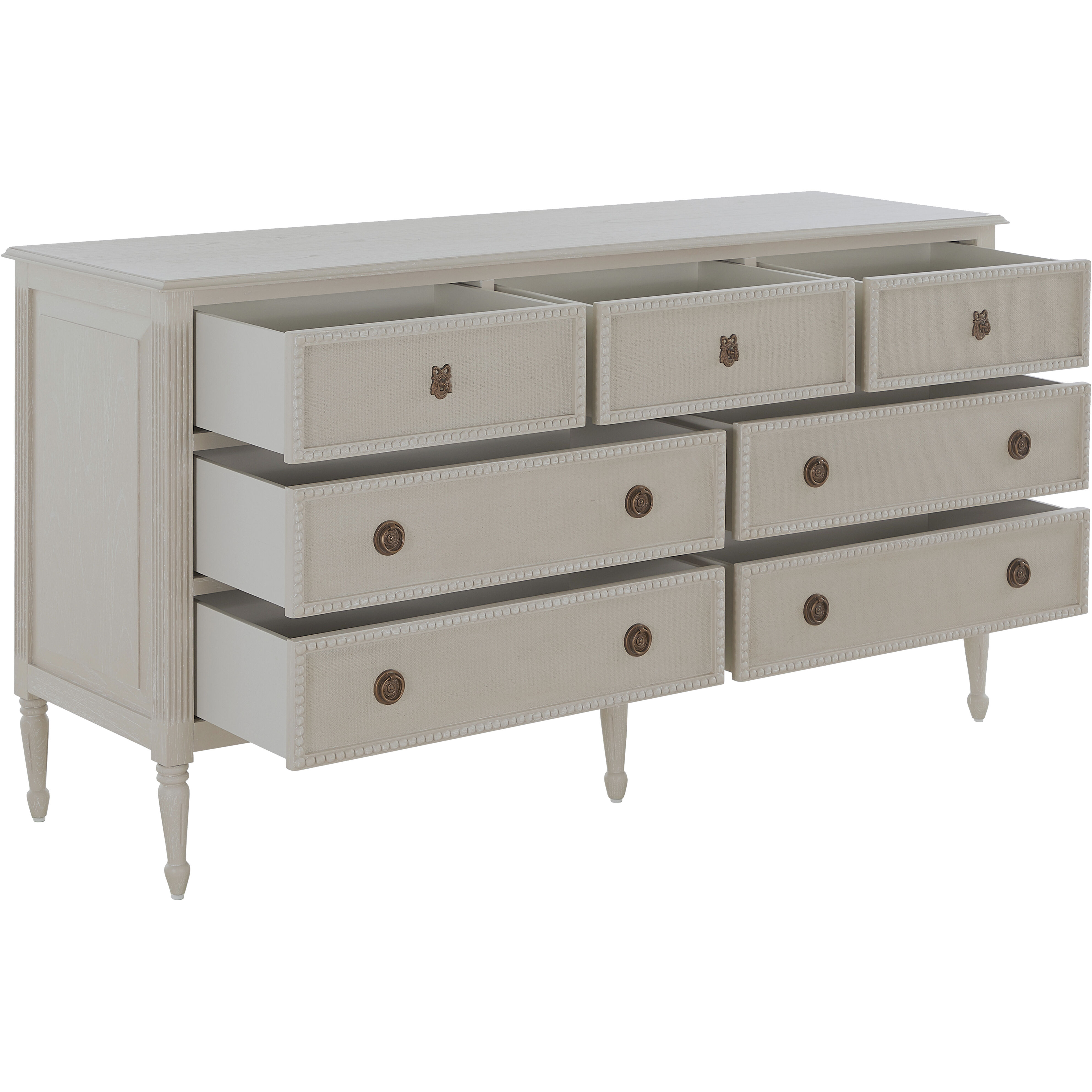 Caroline Cerused White and Painted Burlap Dresser