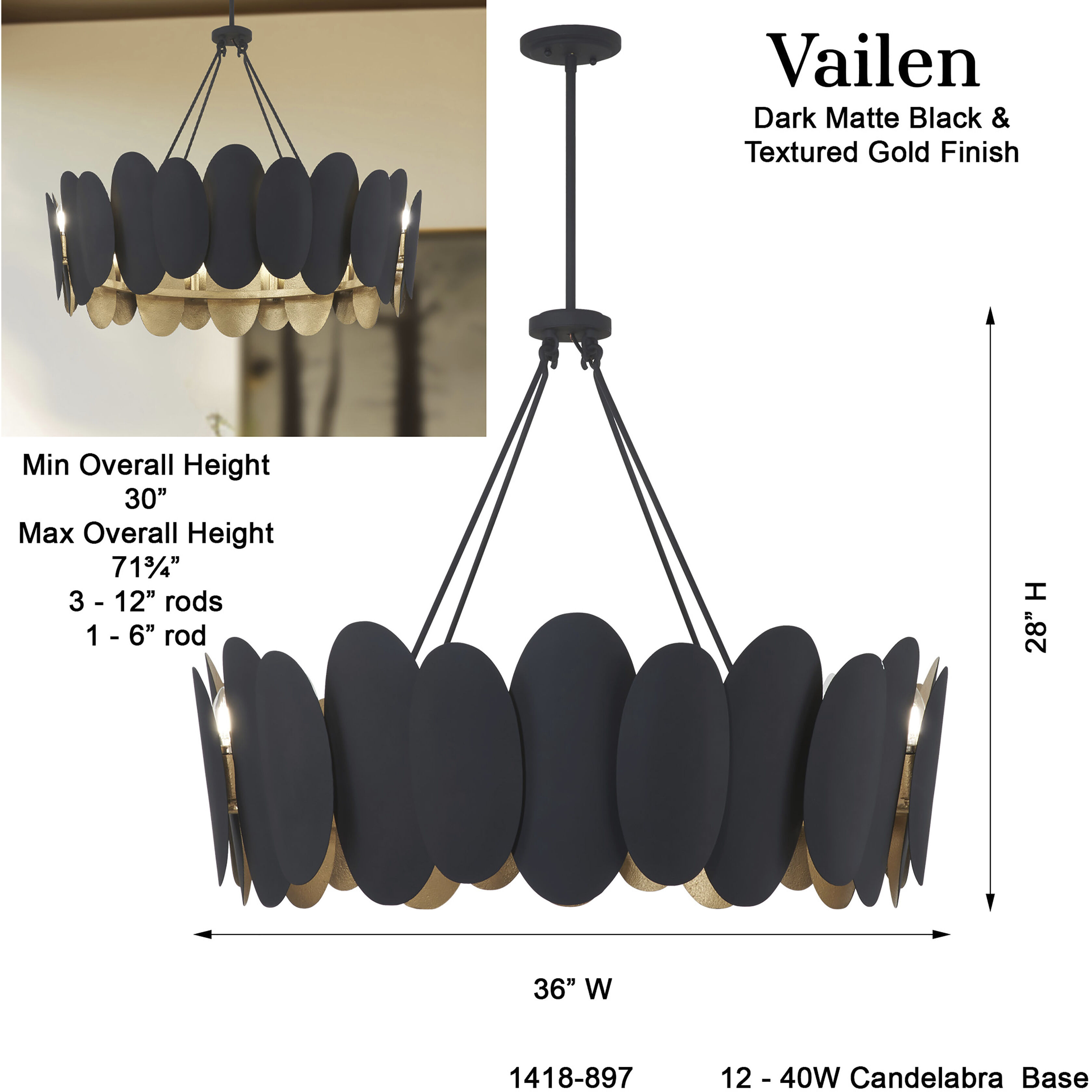 Vailen 12 Light 36 inch Dark Matte Black Pendant Ceiling Light
