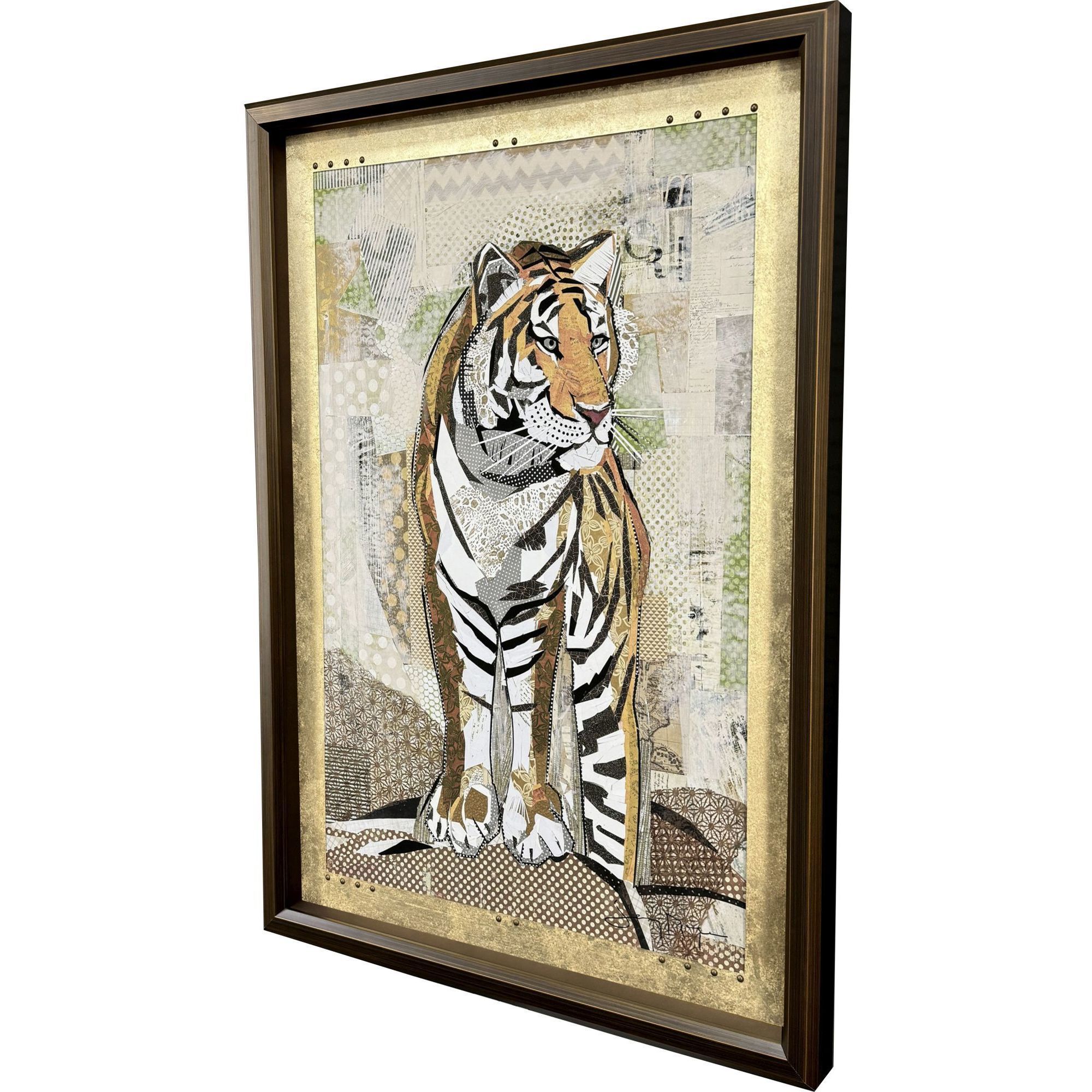 Tiger Strength Brown and Green and Metallic and Multi Framed Art