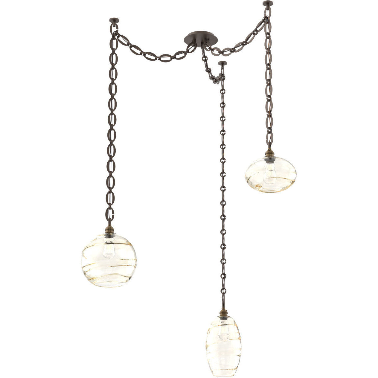Misto 3 Light 15.5 inch Flat Bronze Swag Multi-Pendant Ceiling Light in Optic Rib Amber, Oval Chain