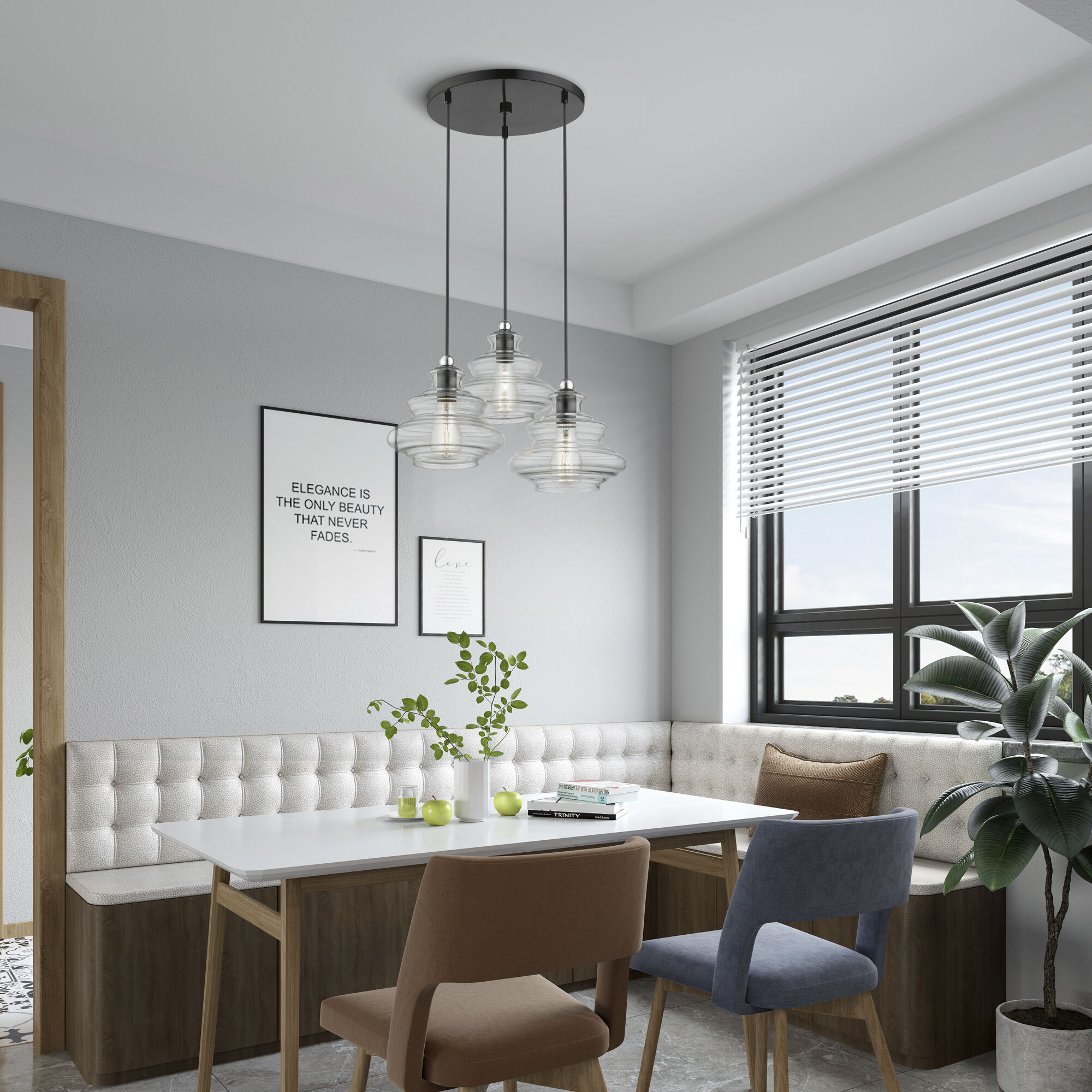 Everett 3 Light 20 inch Shiny Black with Chrome Finish Accents Pendant Chandelier Ceiling Light