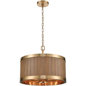 Wooden Barrel 6 Light 19 inch Satin Brass with Natural Chandelier Ceiling Light