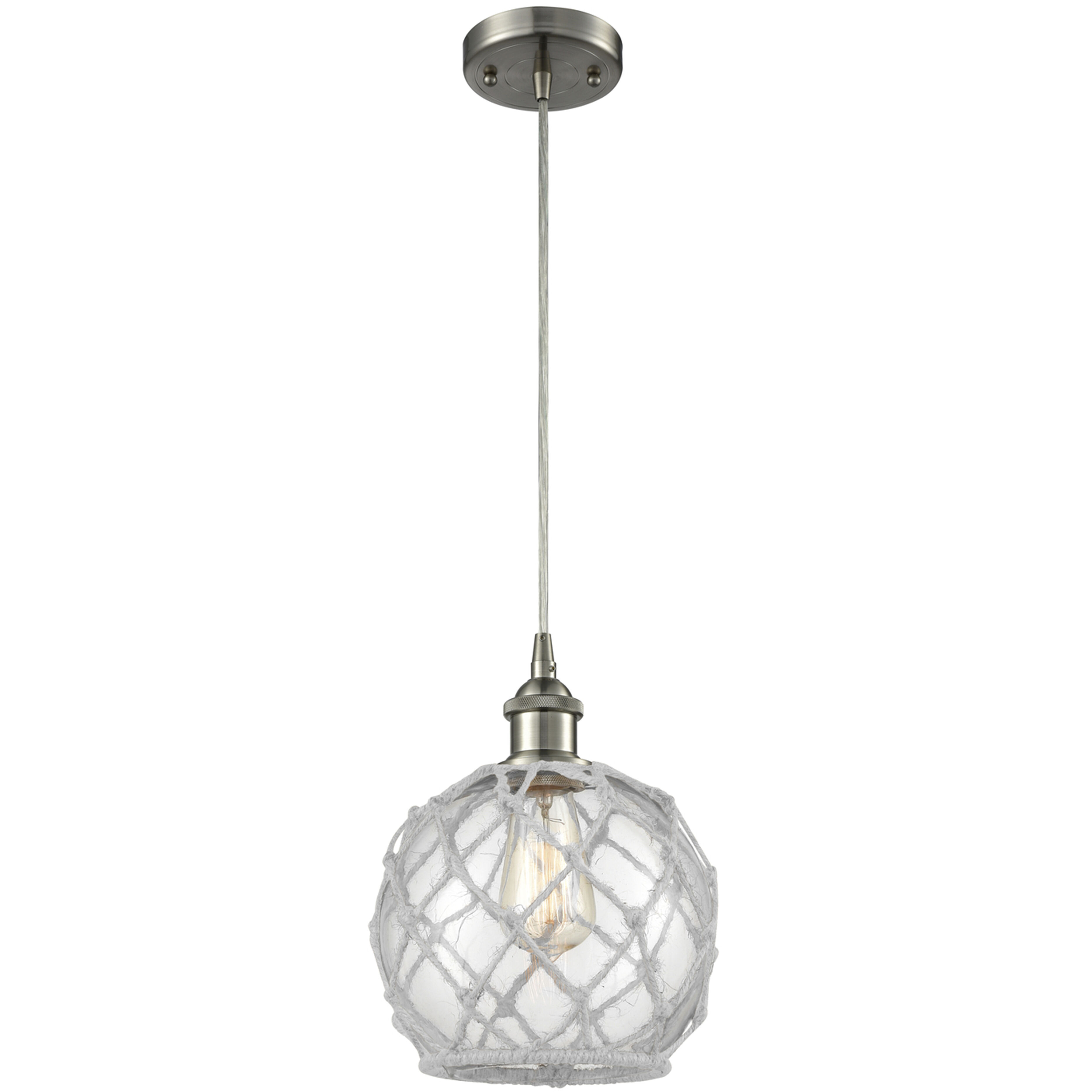 Ballston Farmhouse Rope LED 8 inch Brushed Satin Nickel Mini Pendant Ceiling Light in Clear Glass with White Rope, Ballston
