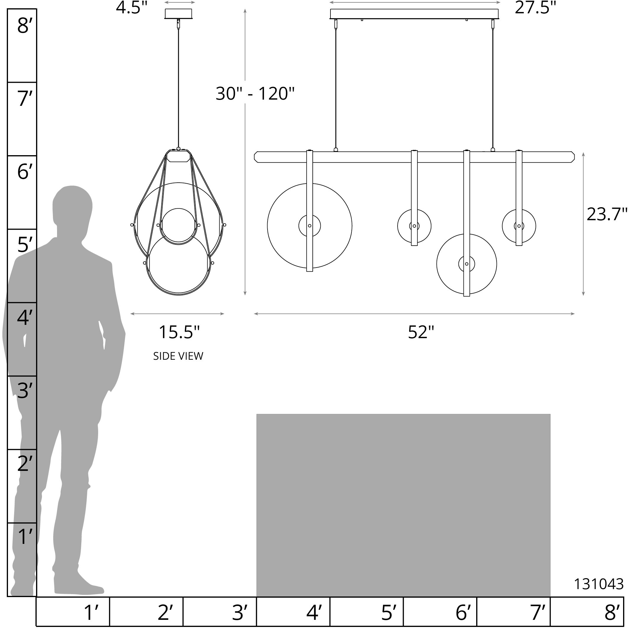 Derby LED 52 inch Black and Antique Brass Linear Pendant Ceiling Light in Black/Antique Brass, Black Leather with Maple Natural