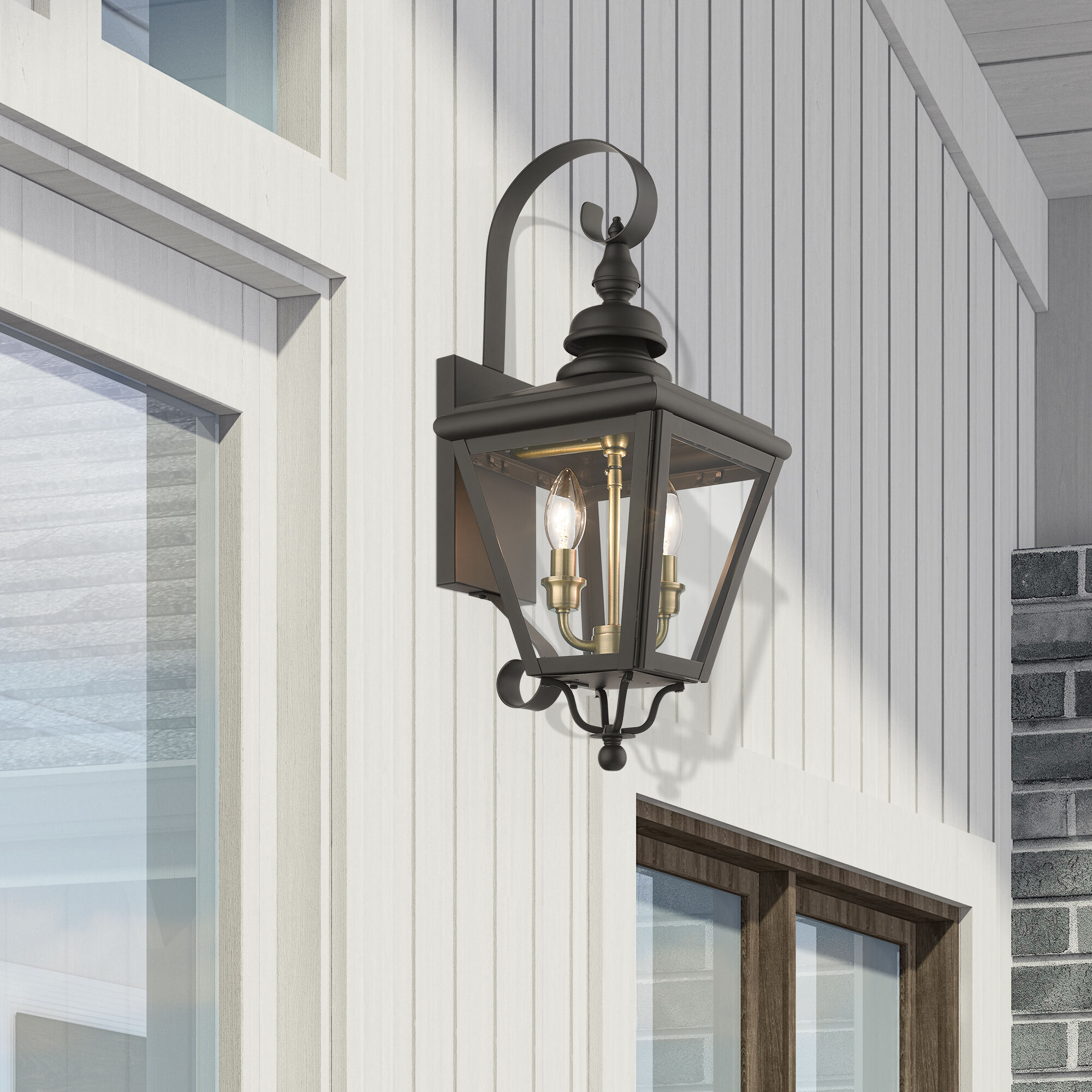 Adams 2 Light 21.5 inch Bronze with Antique Brass Finish Cluster Outdoor Wall Lantern in Bronze with Antique Brass Accent, Medium