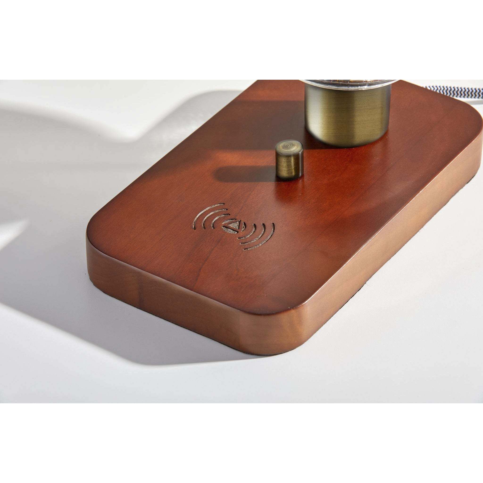 Isaac 12 inch 60.00 watt Walnut Rubberwood and Antique Brass Table Lantern Portable Light, with AdessoCharge Wireless Charging Pad and USB Port