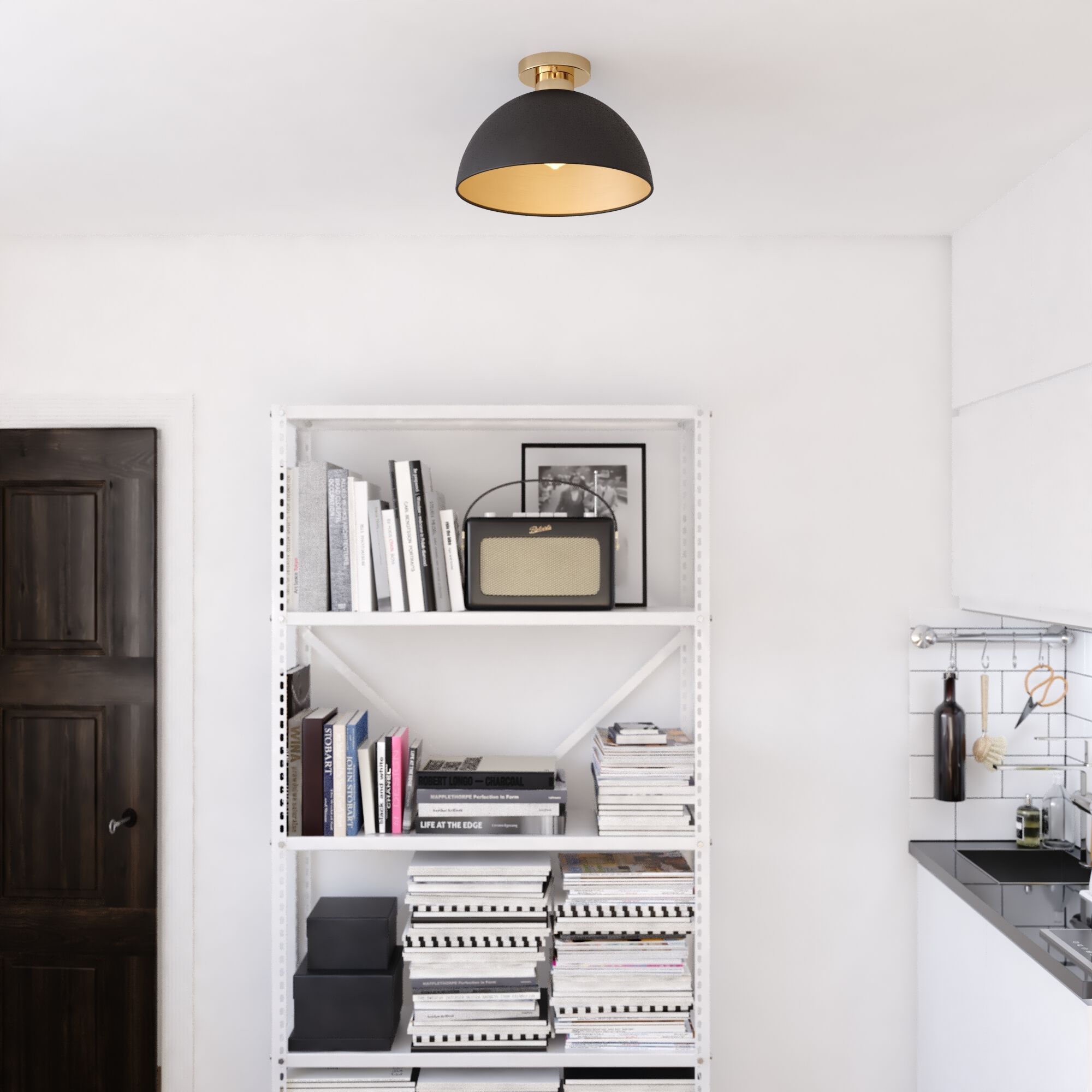 Devon LED 12.75 inch Matte Black and Satin Brass Semi-Flush Mount Ceiling Light