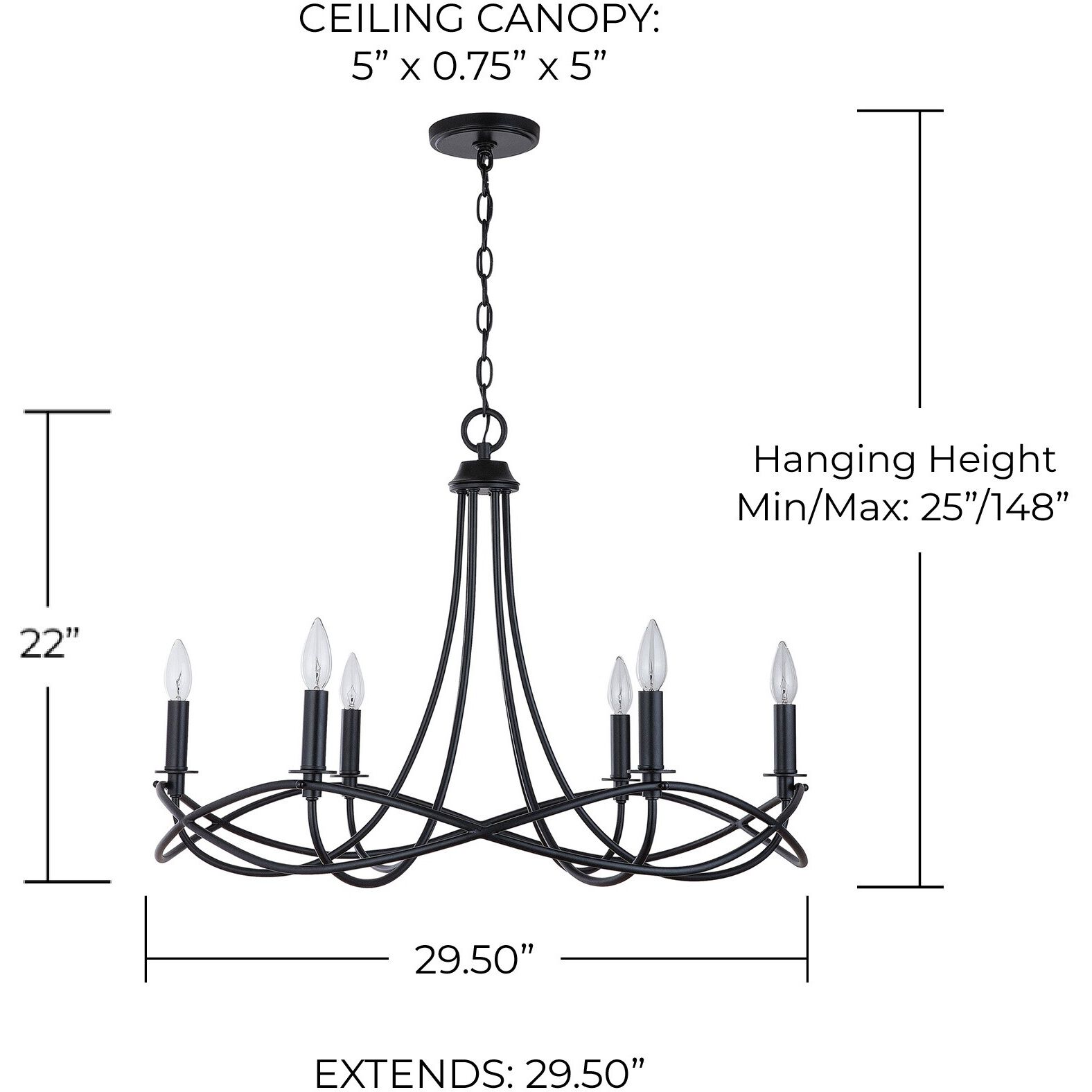 Sonnet 6 Light 30 inch Matte Black Chandelier Ceiling Light