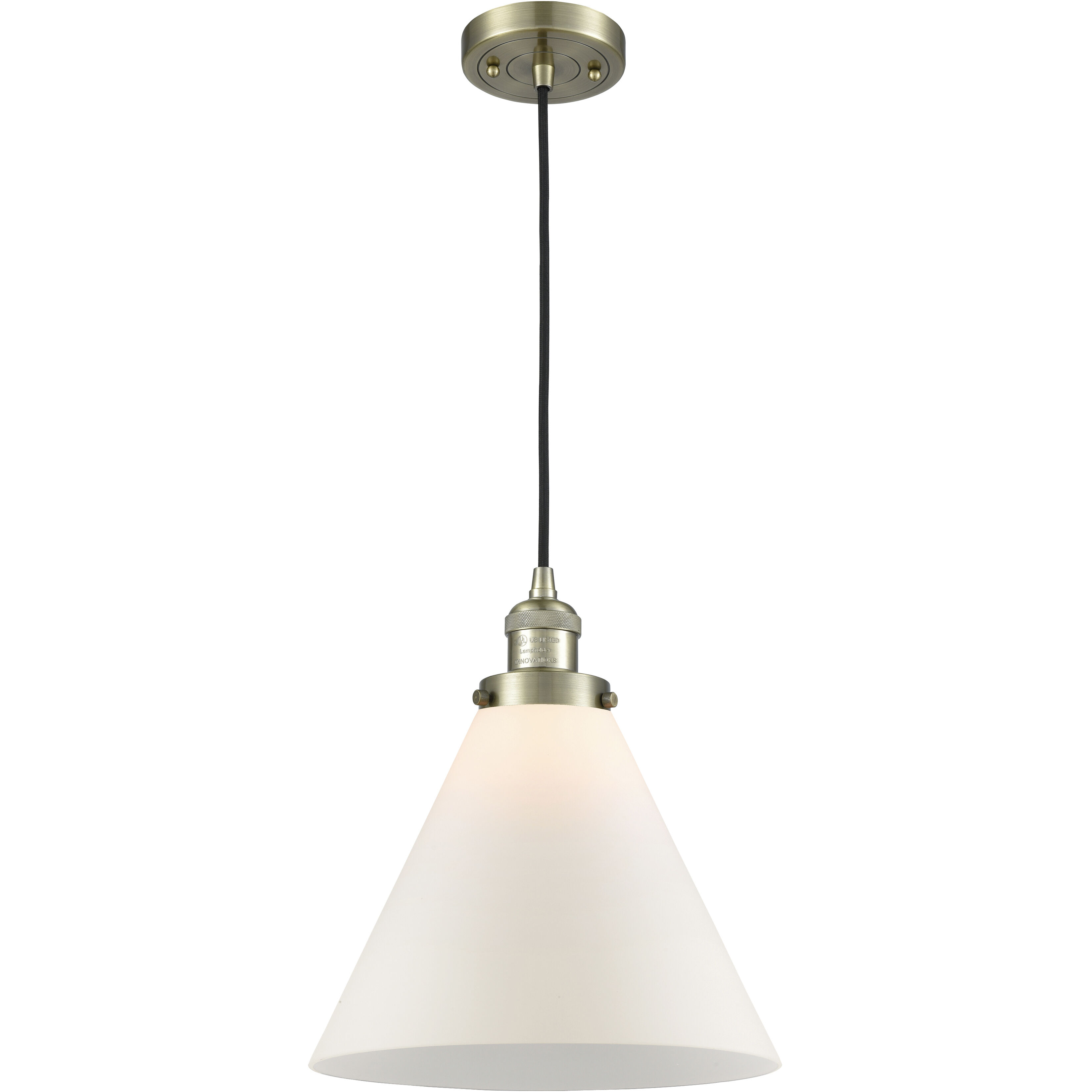 Franklin Restoration Cone 1 Light 12 inch Antique Brass Mini Pendant Ceiling Light in Incandescent, Matte White, Franklin Restoration