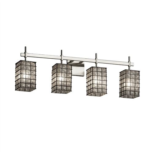 Wire Glass 4 Light 31 inch Brushed Nickel Vanity Light Wall Light in Grid with Clear Bubbles, Square with Flat Rim, Incandescent