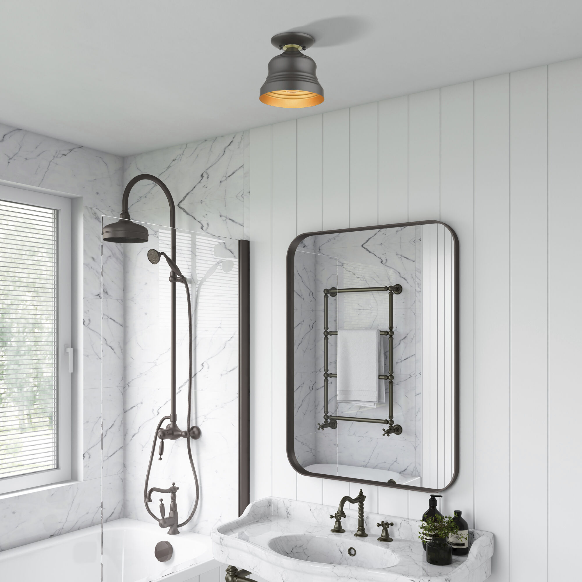 Endicott 1 Light 7 inch Bronze with Antique Brass Finish Accents Bell Semi-Flush Ceiling Light in Bronze with Antique Brass Accents, Petite