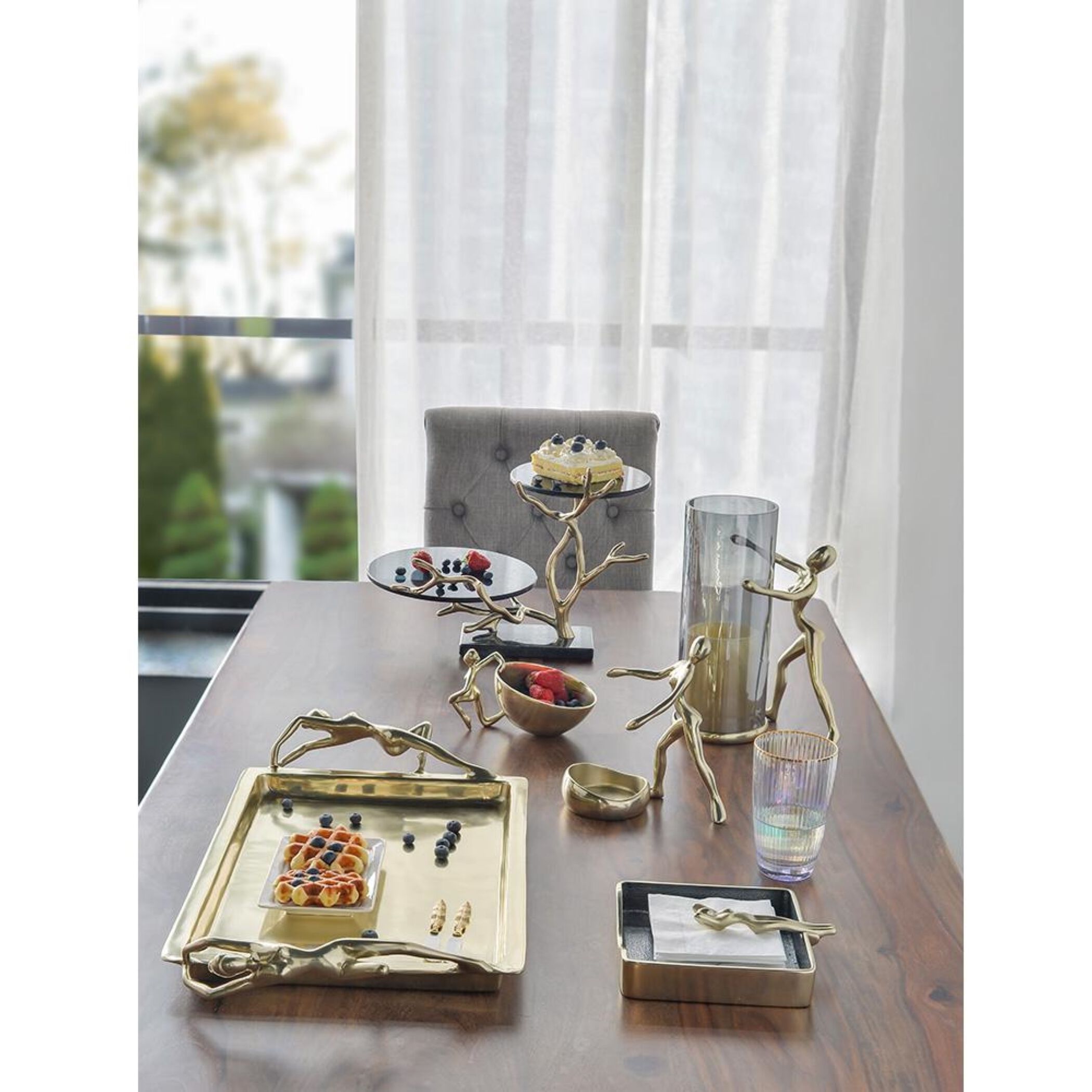 Anita 16.9 X 12.4 inch Polished Gold Finished Aluminum with Black Float Glass/Black Granite Base Cake Stand