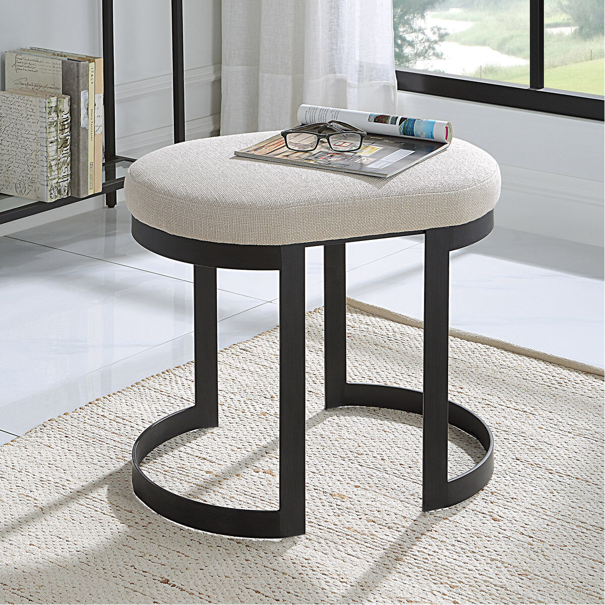 Infinity 20 inch Matte Black and Off white Linen Fabric Accent Stool