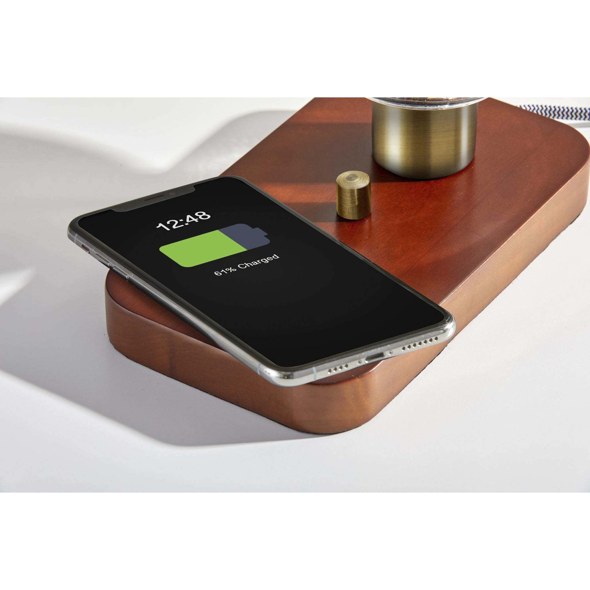 Isaac 12 inch 60.00 watt Walnut Rubberwood and Antique Brass Table Lantern Portable Light, with AdessoCharge Wireless Charging Pad and USB Port