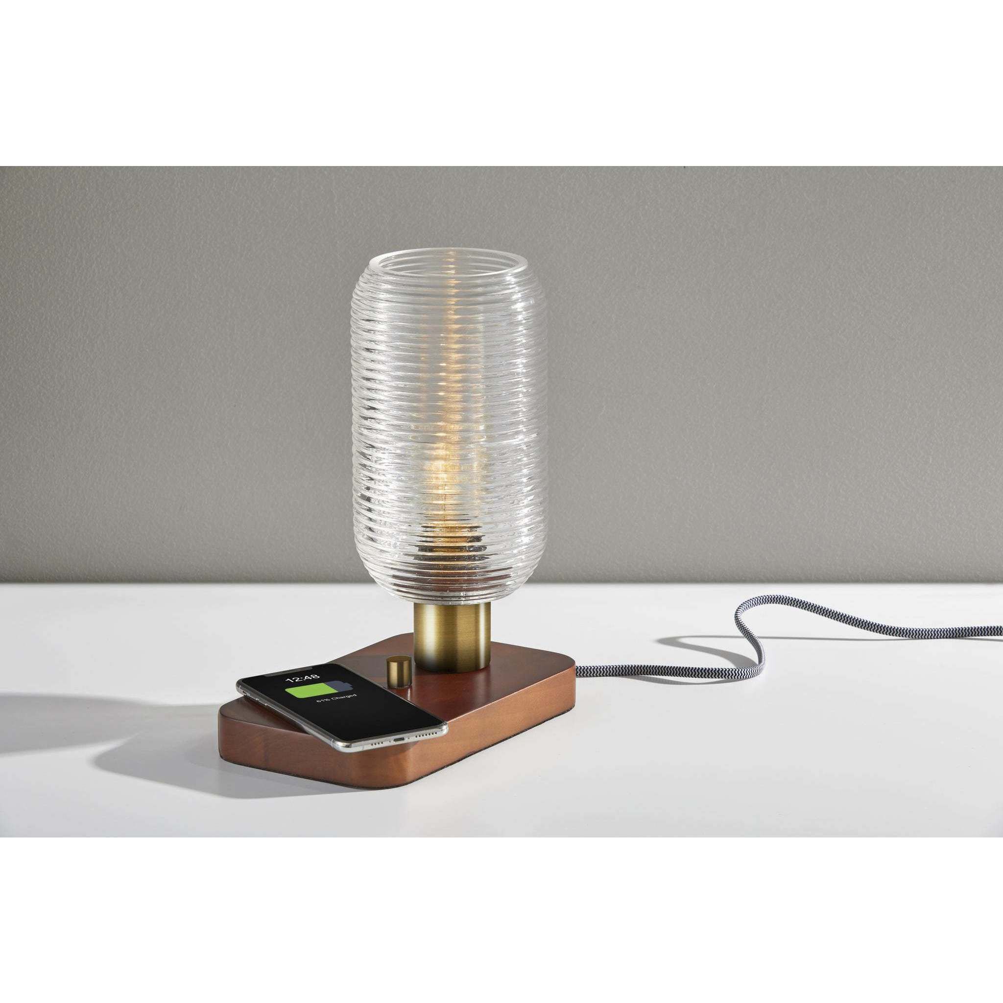 Isaac 12 inch 60.00 watt Walnut Rubberwood and Antique Brass Table Lantern Portable Light, with AdessoCharge Wireless Charging Pad and USB Port