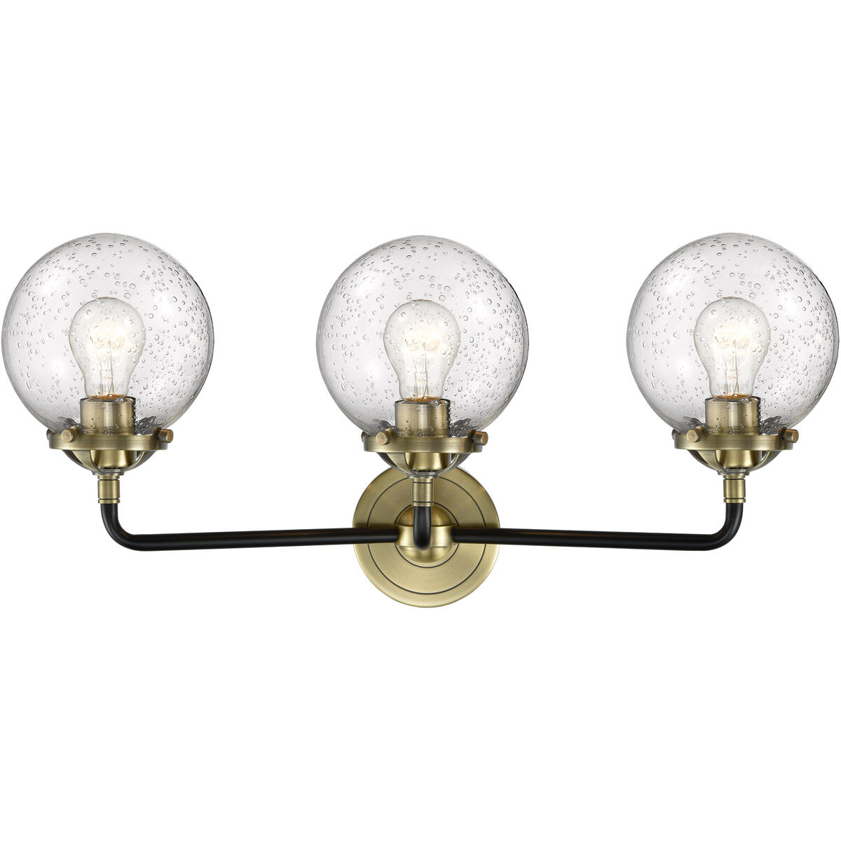 Nouveau Beacon 3 Light 24 inch Black Antique Brass Bath Vanity Light Wall Light in Seedy Glass, Nouveau