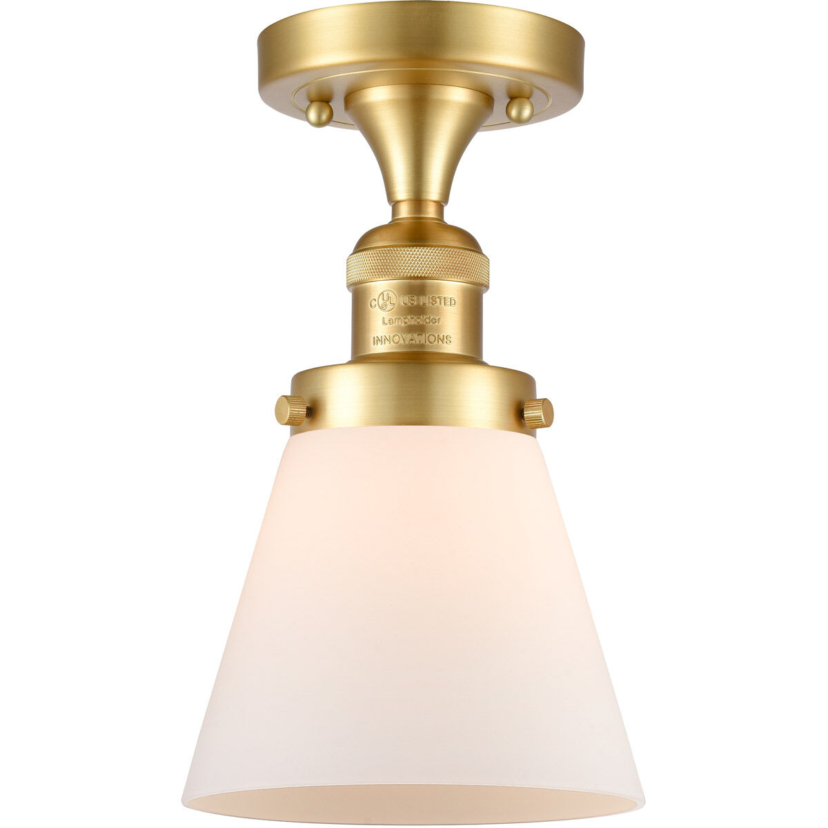 Franklin Restoration Small Cone LED 7 inch Satin Gold Semi-Flush Mount Ceiling Light in Matte White Glass, Franklin Restoration