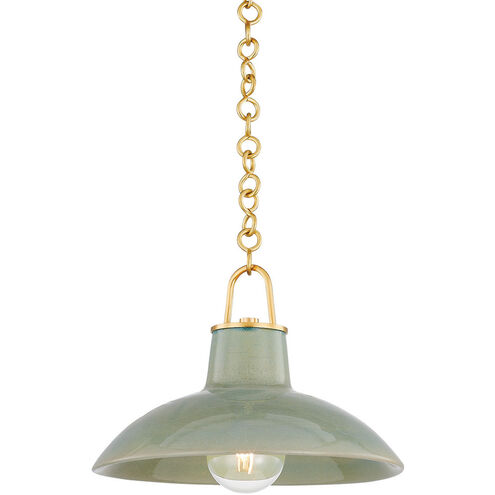 Pottersville 1 Light 12.5 inch Aged Brass and Ceramic Moss Crackle Pendant Ceiling Light
