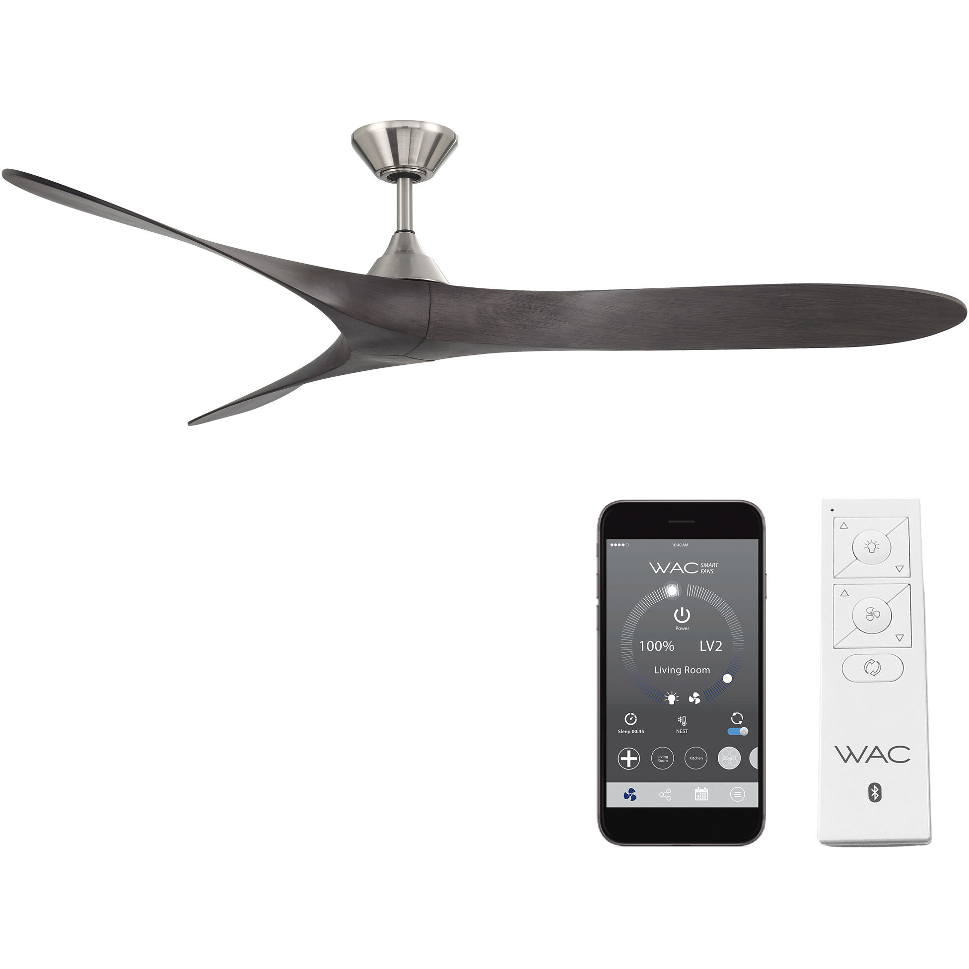 Malibu 70 inch Brushed Nickel Ebony with Ebony Blades Downrod Ceiling Fans in Brushed Nickel/Ebony, Smart Fan