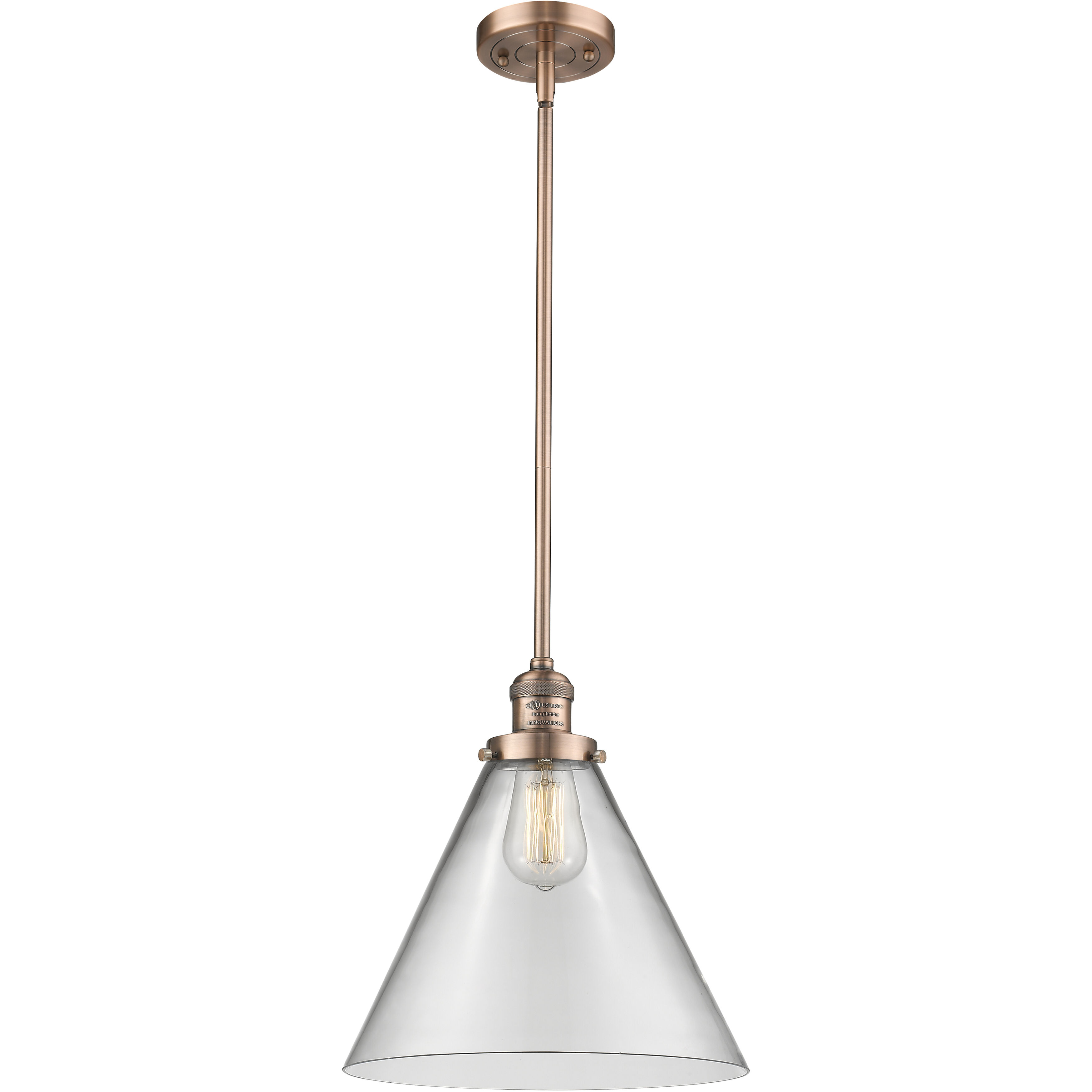 Franklin Restoration Cone LED 12 inch Antique Copper Mini Pendant Ceiling Light in Clear, Franklin Restoration