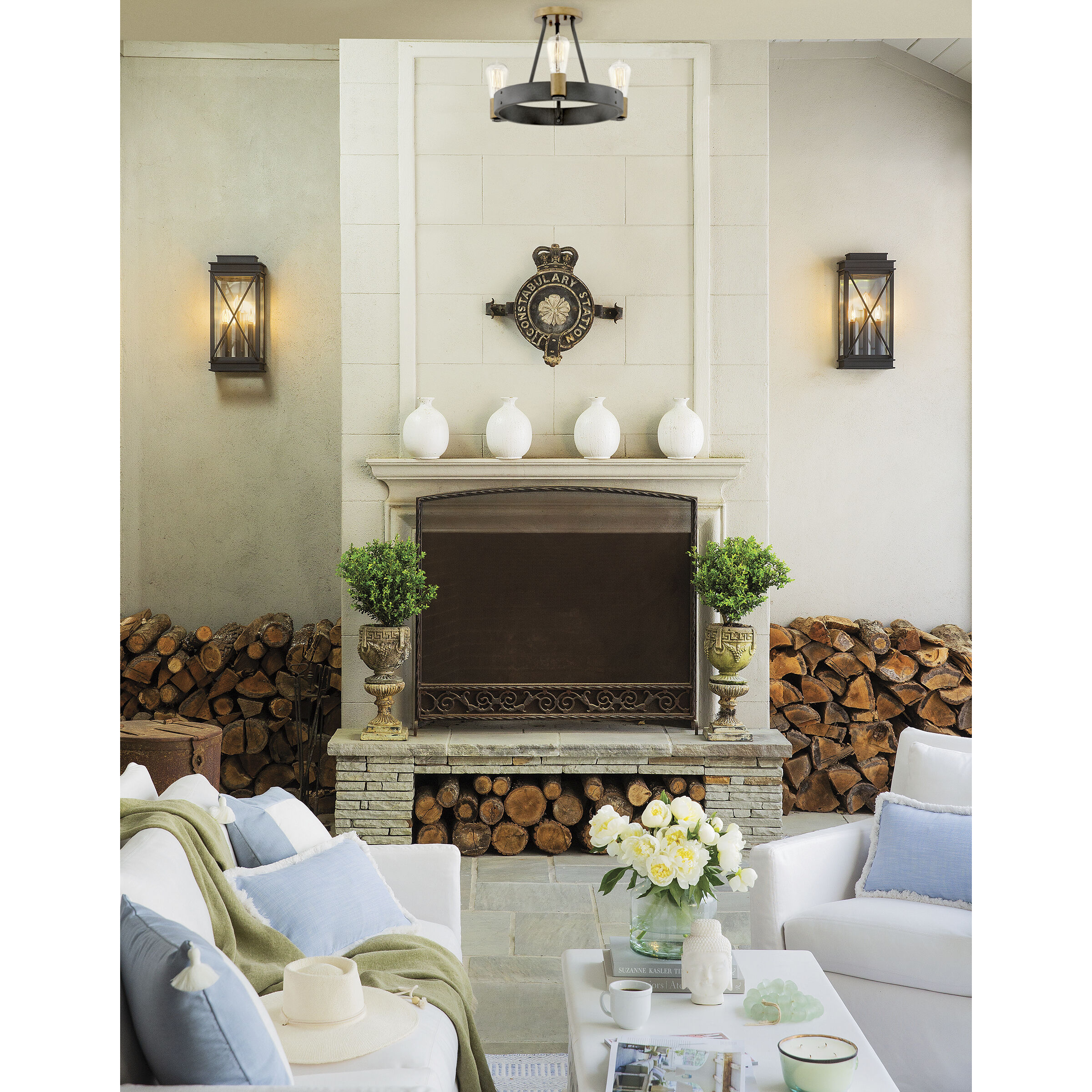 Silas 3 Light 17 inch Aged Zinc with Heritage Brass Indoor Semi-Flush Mount Ceiling Light