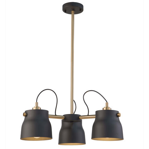 Euro Industrial 3 Light 21 inch Matte Black and Harvest Brass Down Chandelier Ceiling Light