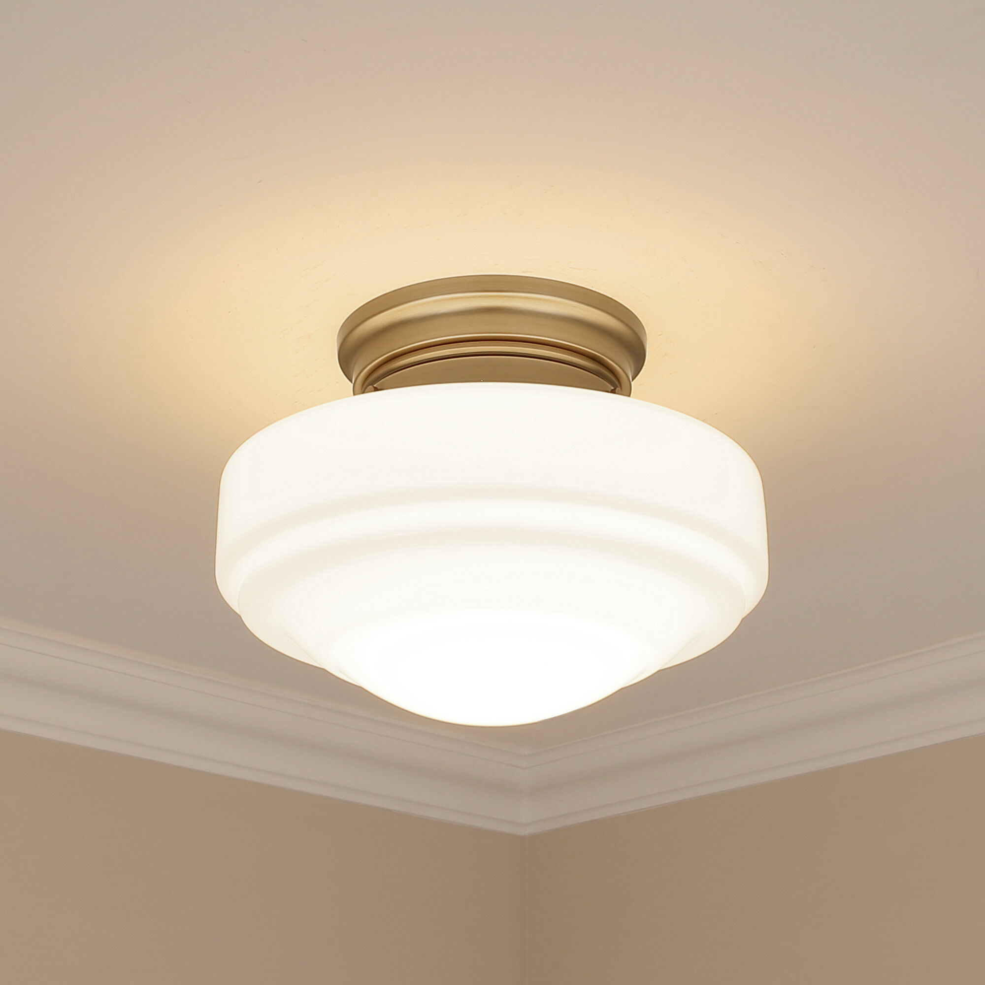 Ingalls 1 Light 12 inch Modern Brass Semi-Flush Mount Ceiling Light in Vintage Milk Glass