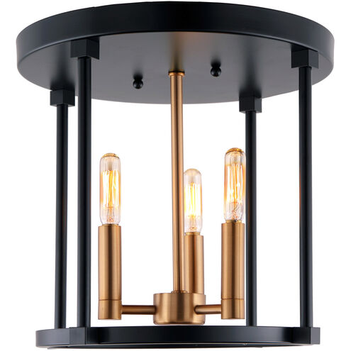 Roxhill 3 Light 12 inch Satin Brass and Black Flush Mount Ceiling Light