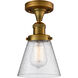 Franklin Restoration Small Cone 1 Light 7 inch Brushed Brass Semi-Flush Mount Ceiling Light in Seedy Glass, Franklin Restoration
