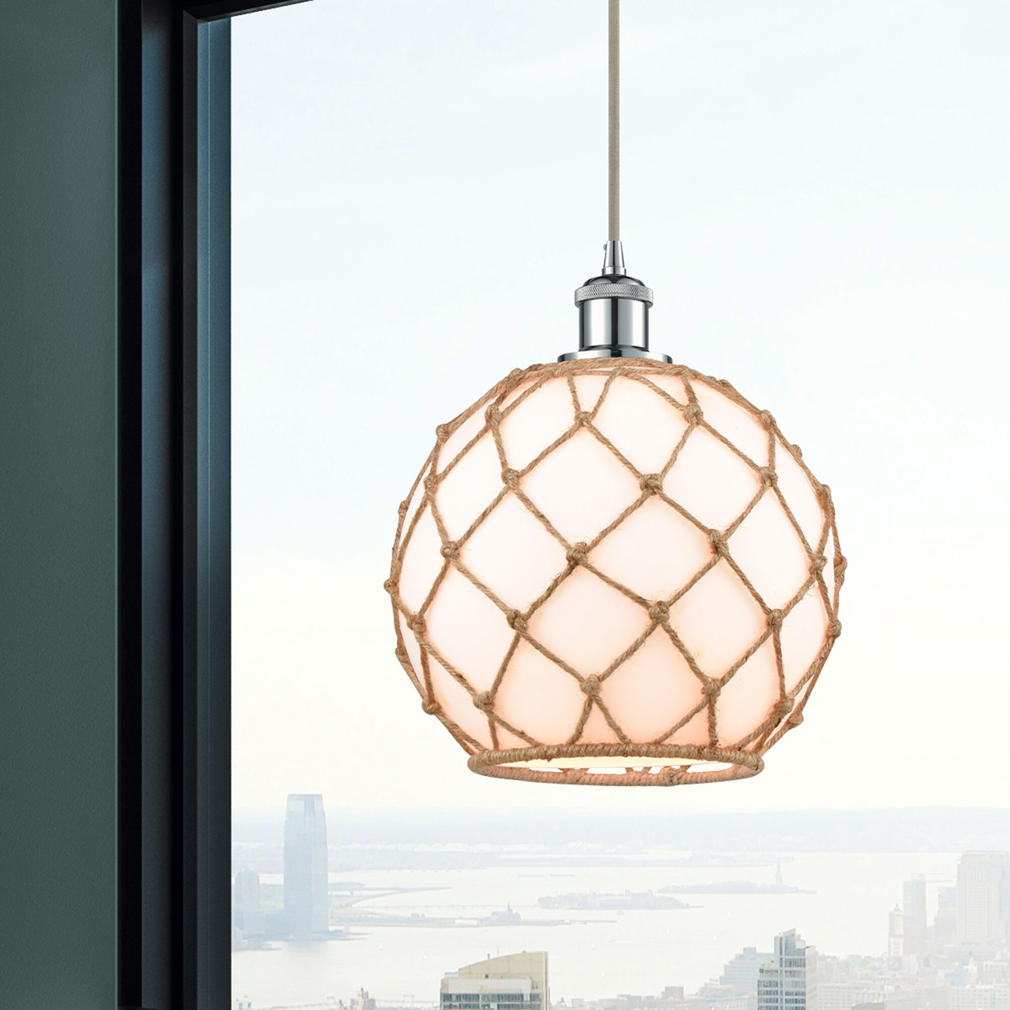 Ballston Farmhouse Rope 1 Light 10 inch Polished Chrome Mini Pendant Ceiling Light in Bulb Not Included, White Glass with Brown Rope, Ballston