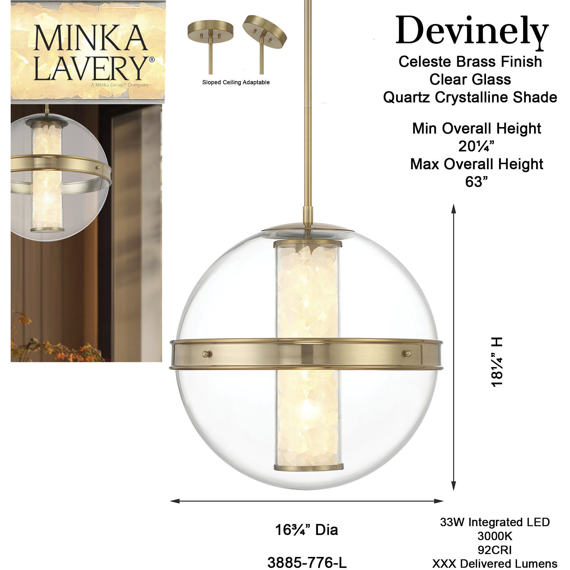 Divinely LED 16.75 inch Celeste Brass Pendant Ceiling Light