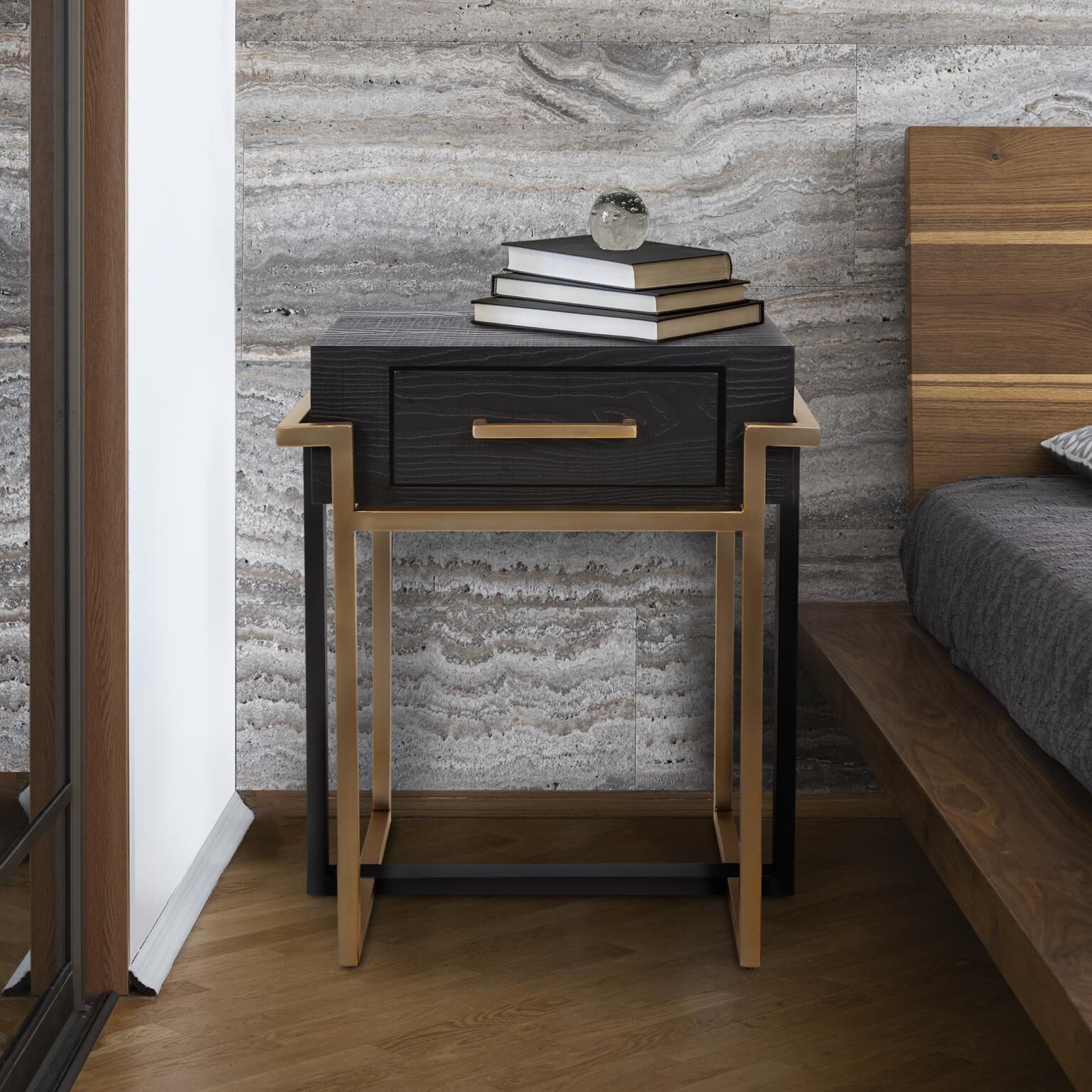 Evora 23.5 X 20 inch Matte Black and Gold Side Table