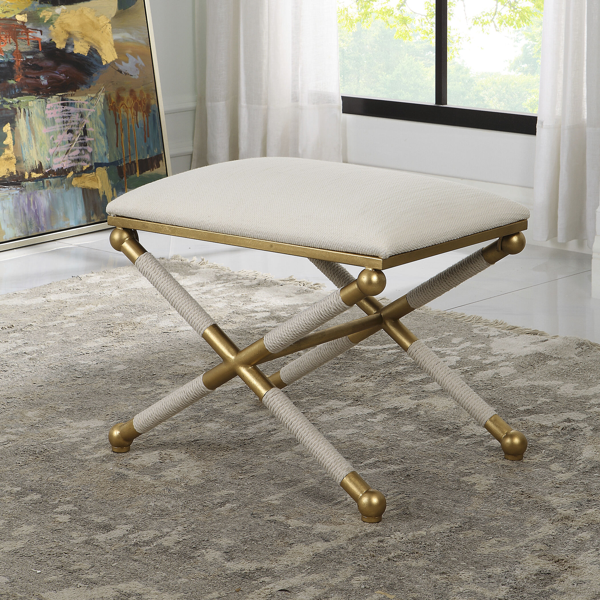 Socialite Gold Leaf and White Rope with White Fabric Bench