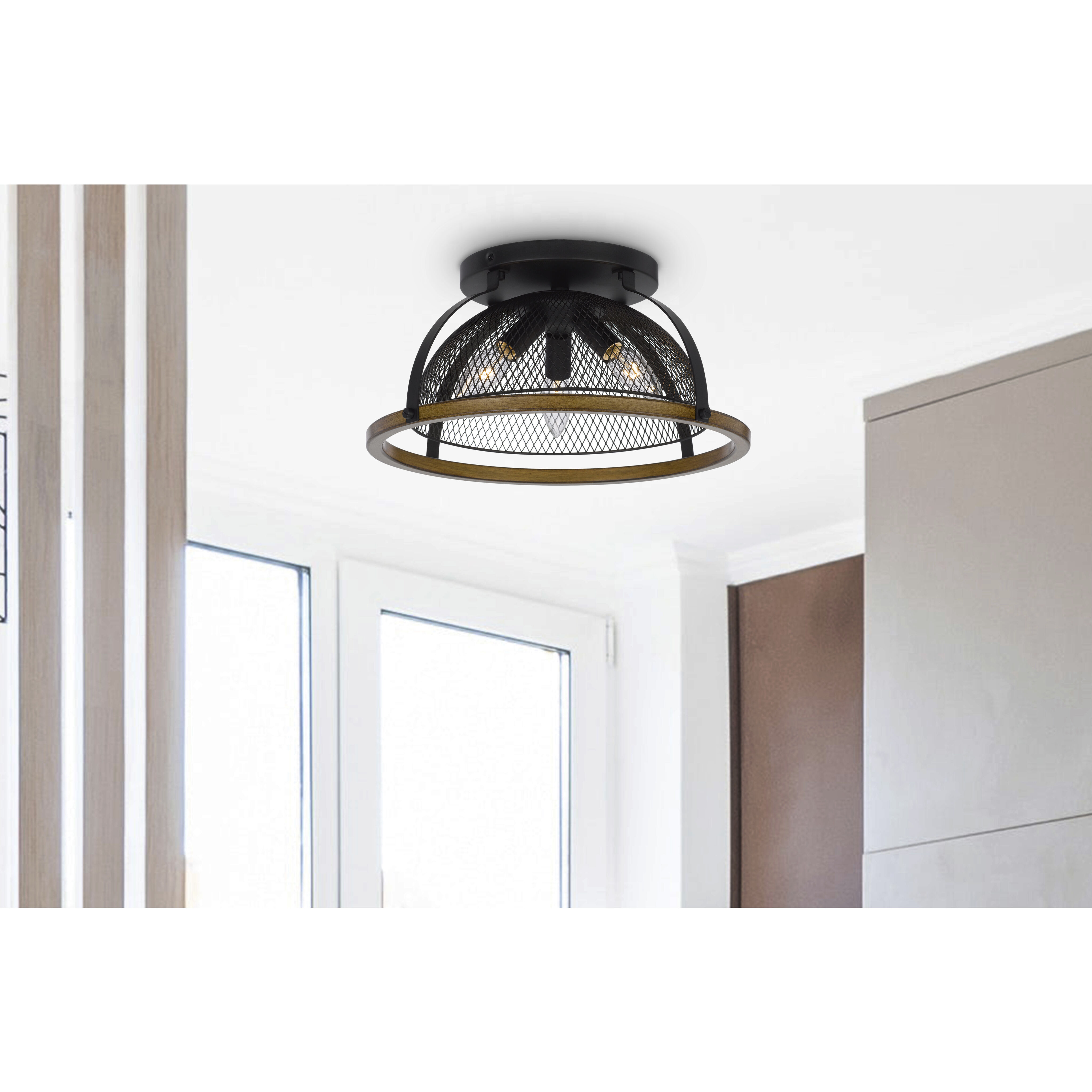 Longmont 3 Light 16 inch Black and Wood Semi Flush Mount Ceiling Light