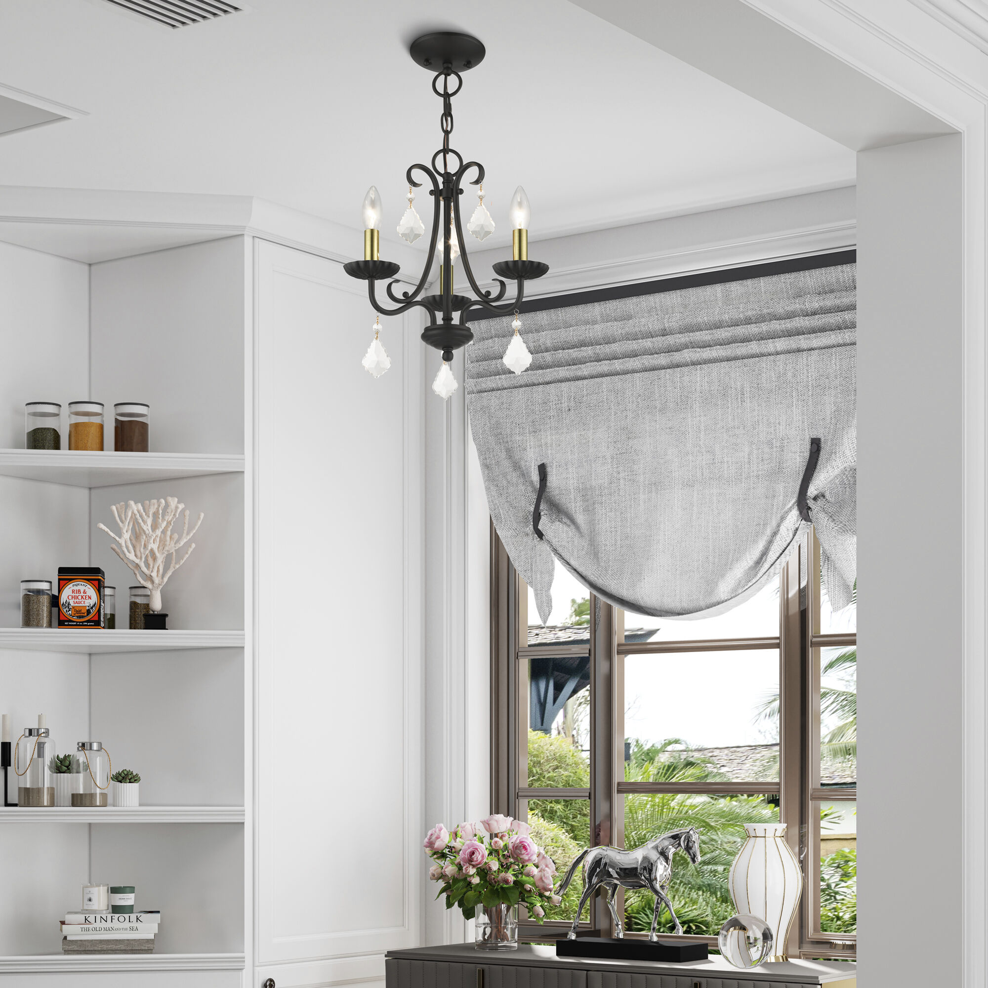 Daphne 3 Light 13.88 inch Black with Antique Brass Finish Accents Mini Chandelier Ceiling Light in Black with Antique Brass Accents