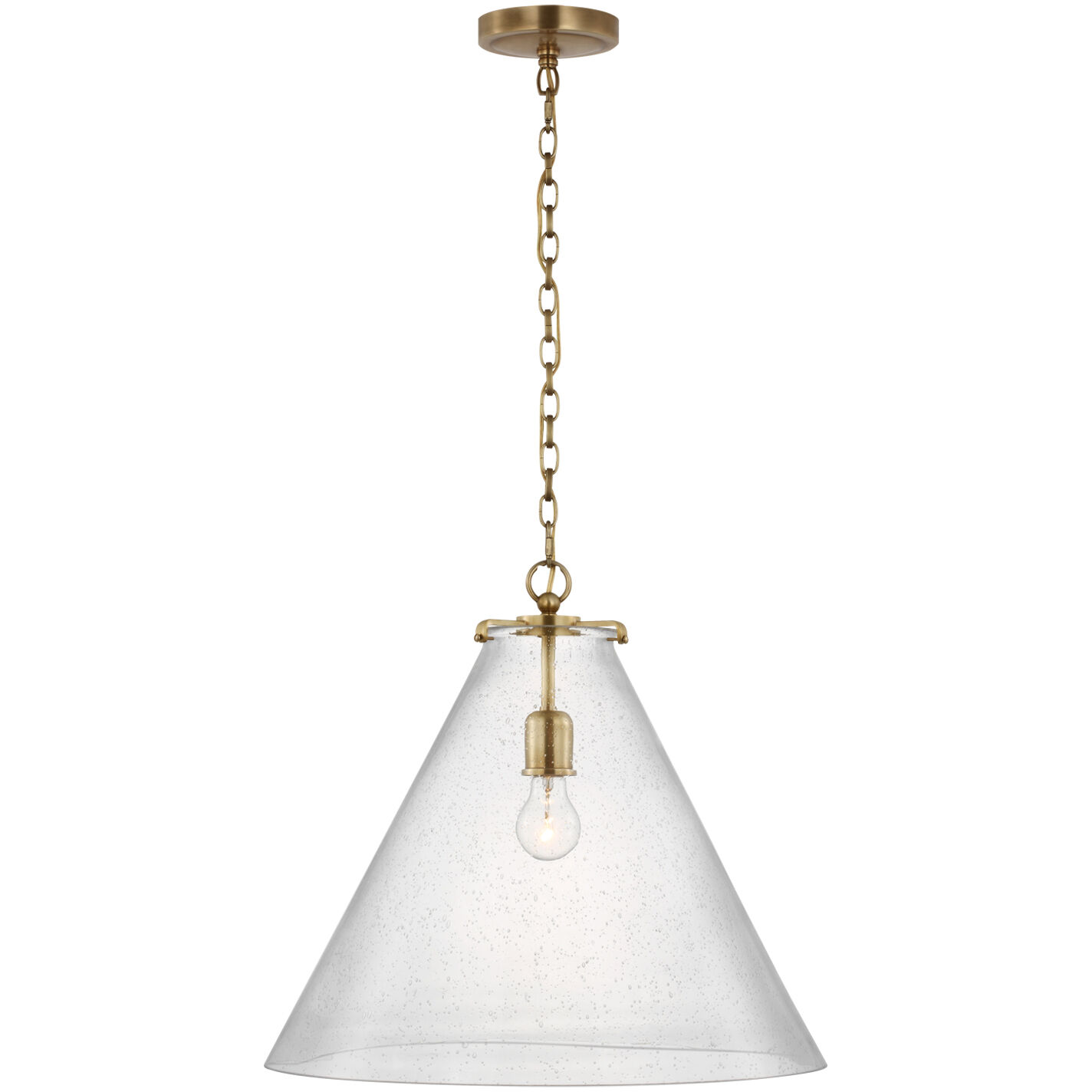 Thomas O'Brien Katie LED 20 inch Hand-Rubbed Antique Brass Conical Pendant Ceiling Light in Seeded Glass, Large