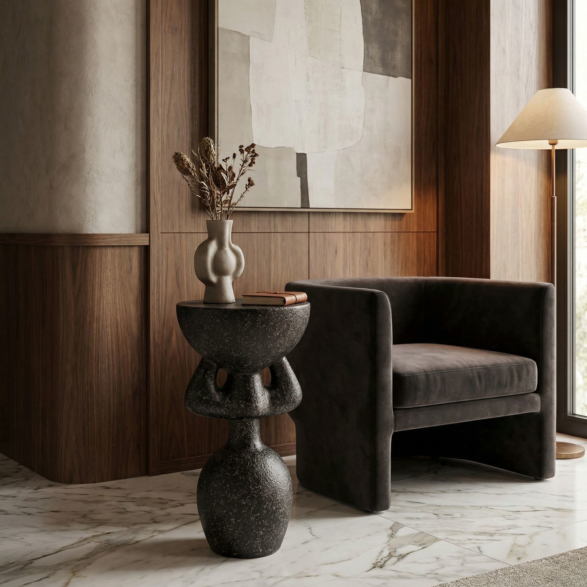 African 26 X 14 inch Black Fiber Cement Side Table