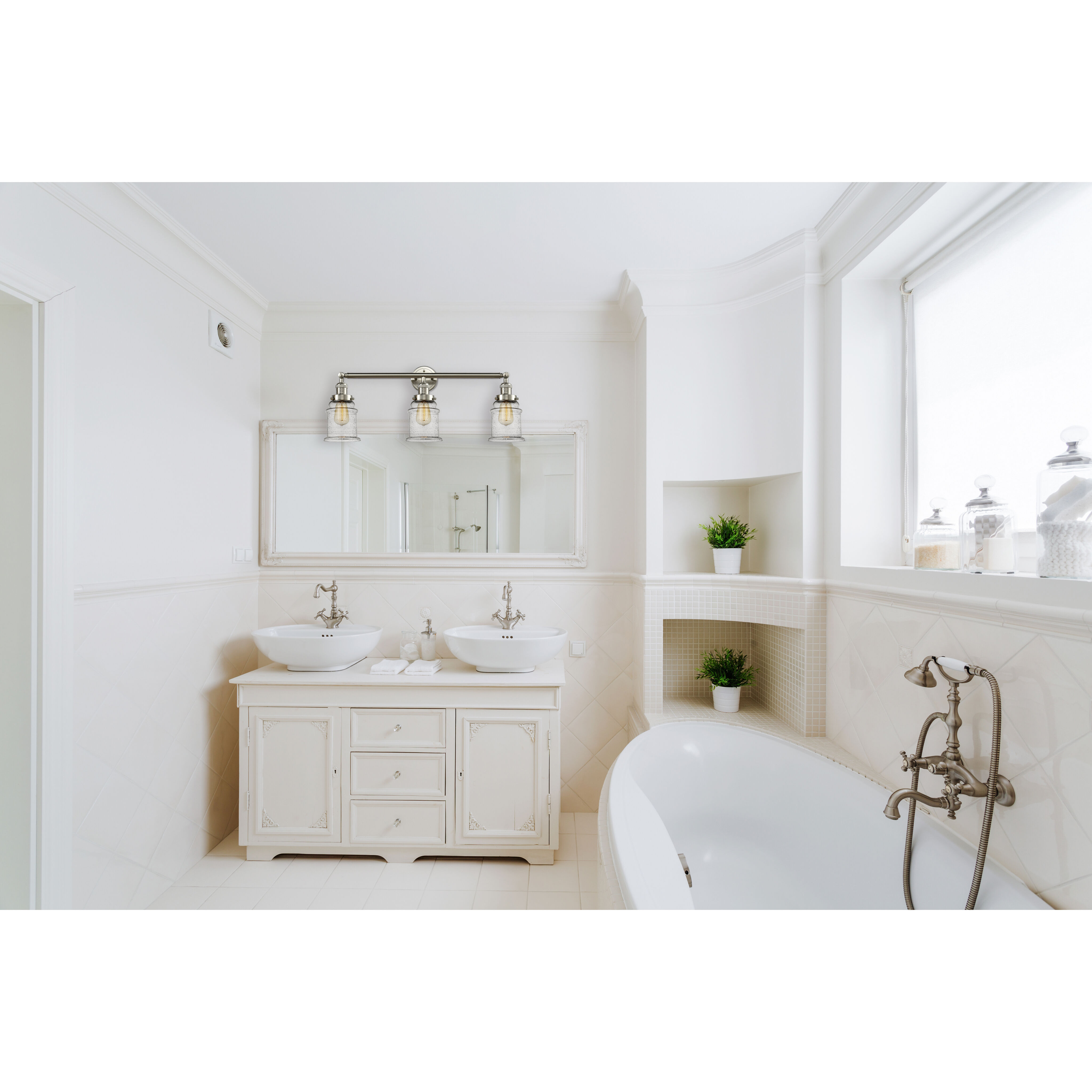 Franklin Restoration Canton 3 Light 30 inch Brushed Satin Nickel Bath Vanity Light Wall Light in Seedy Glass, Franklin Restoration