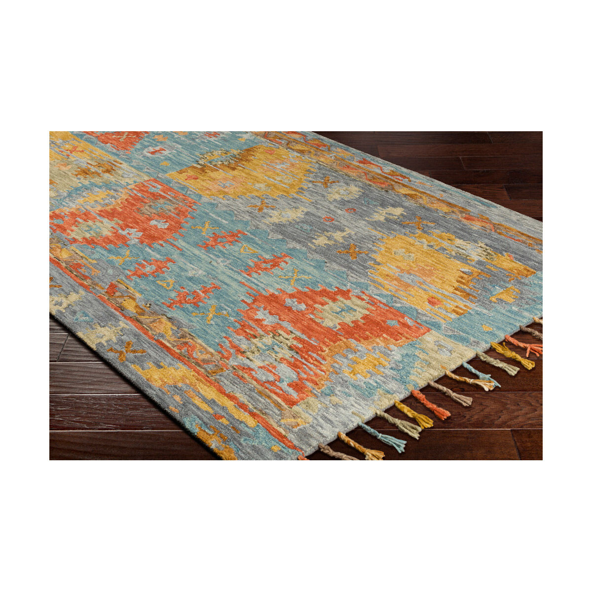 Bonifate 120 X 96 inch Rust/Medium Gray/Teal/Mustard/Light Olive/Camel Handmade Rug, Rectangle