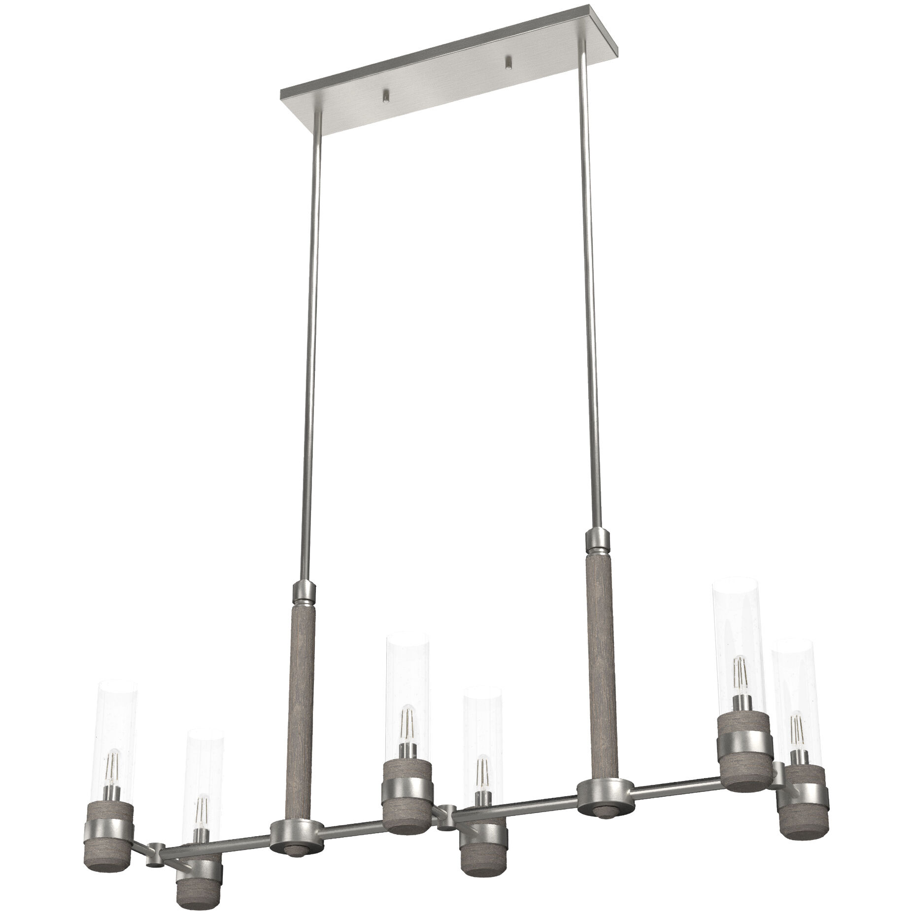 River Mill 6 Light 36.5 inch Brushed Nickel and Gray Wood Linear Chandelier Ceiling Light