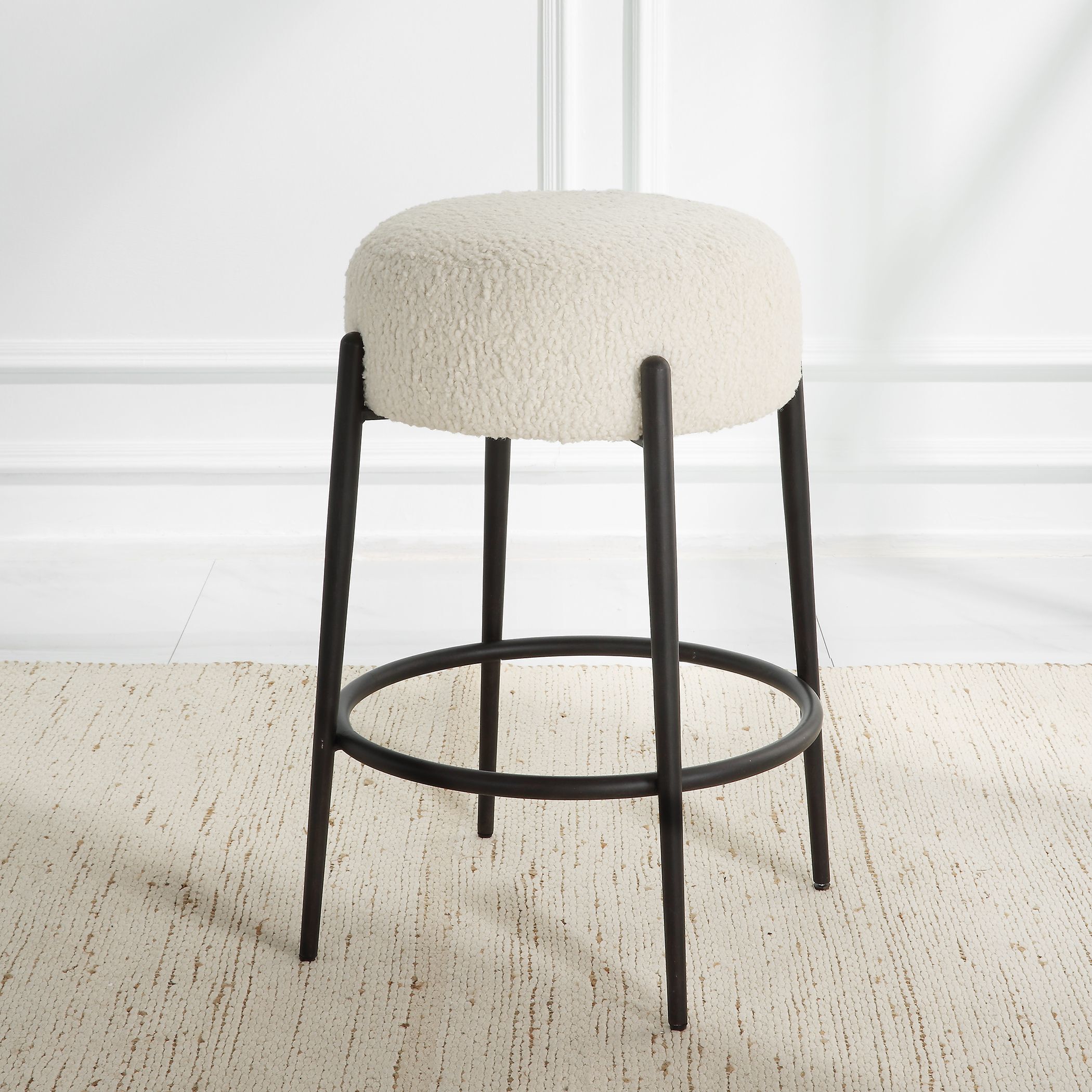 Arles 26 inch White Faux Shearling and Satin Black Counter Stool