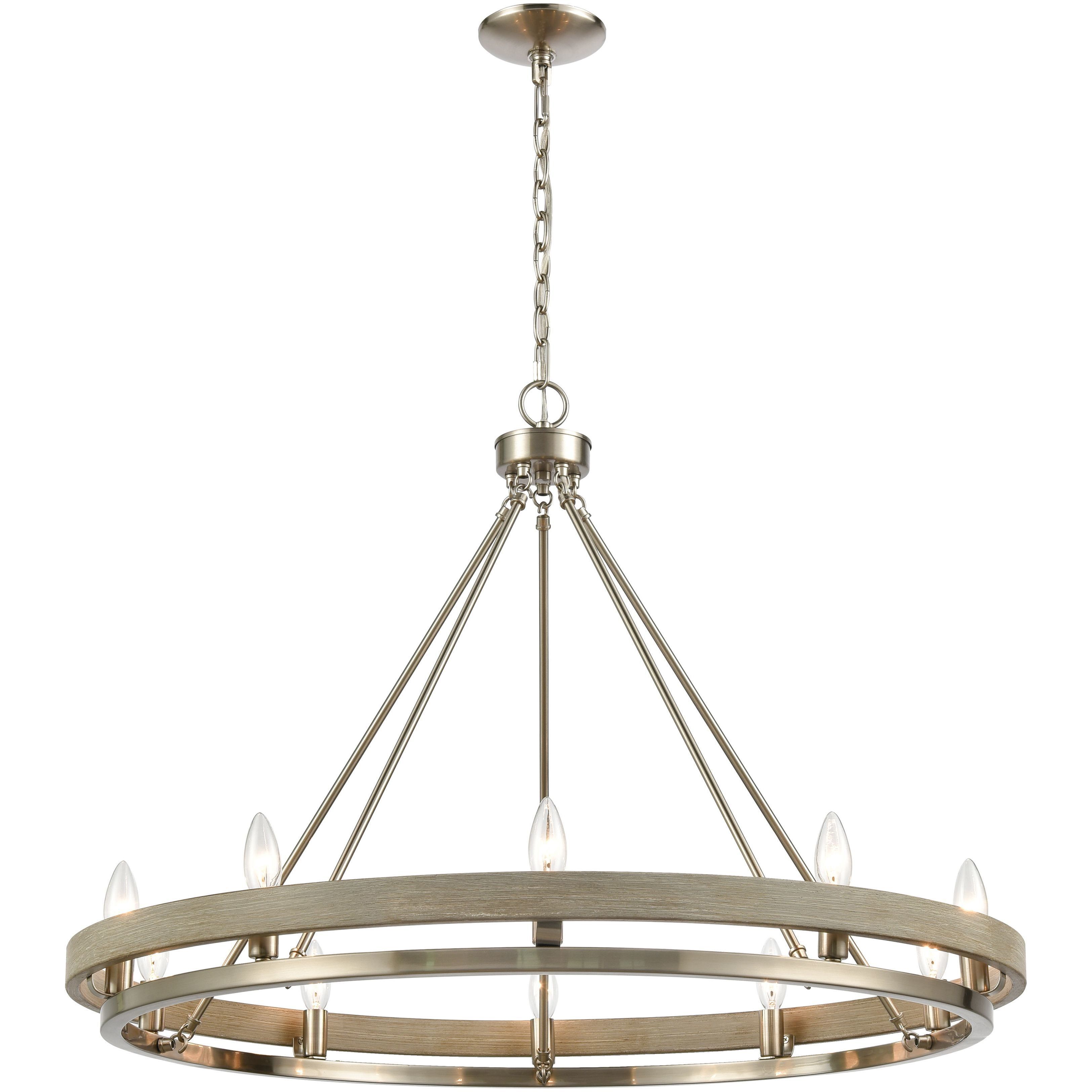 Ramsey 10 Light 34 inch Satin Nickel with Beechwood Chandelier Ceiling Light